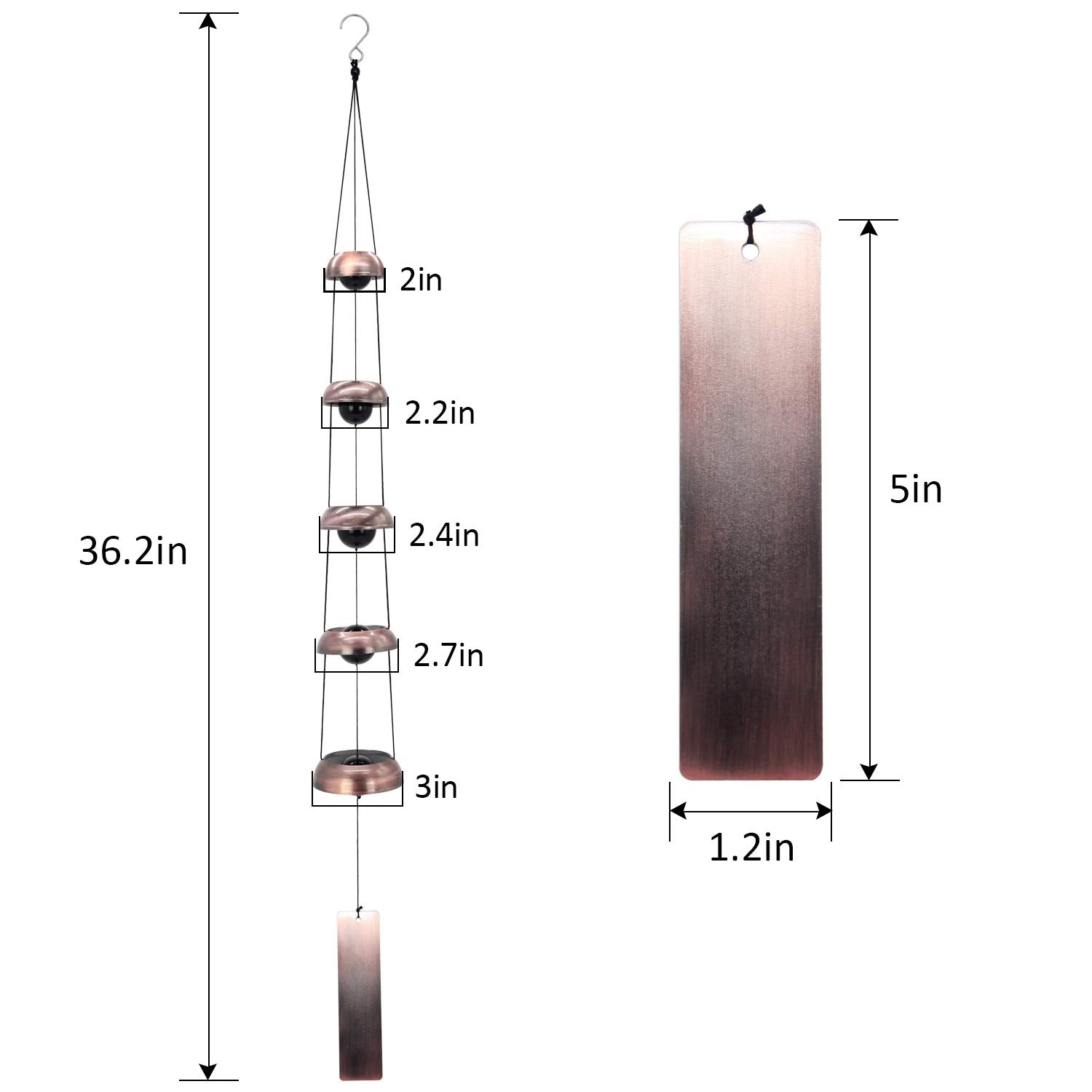 Side view of ASTARIN Copper Wind Chimes with nylon braided cord