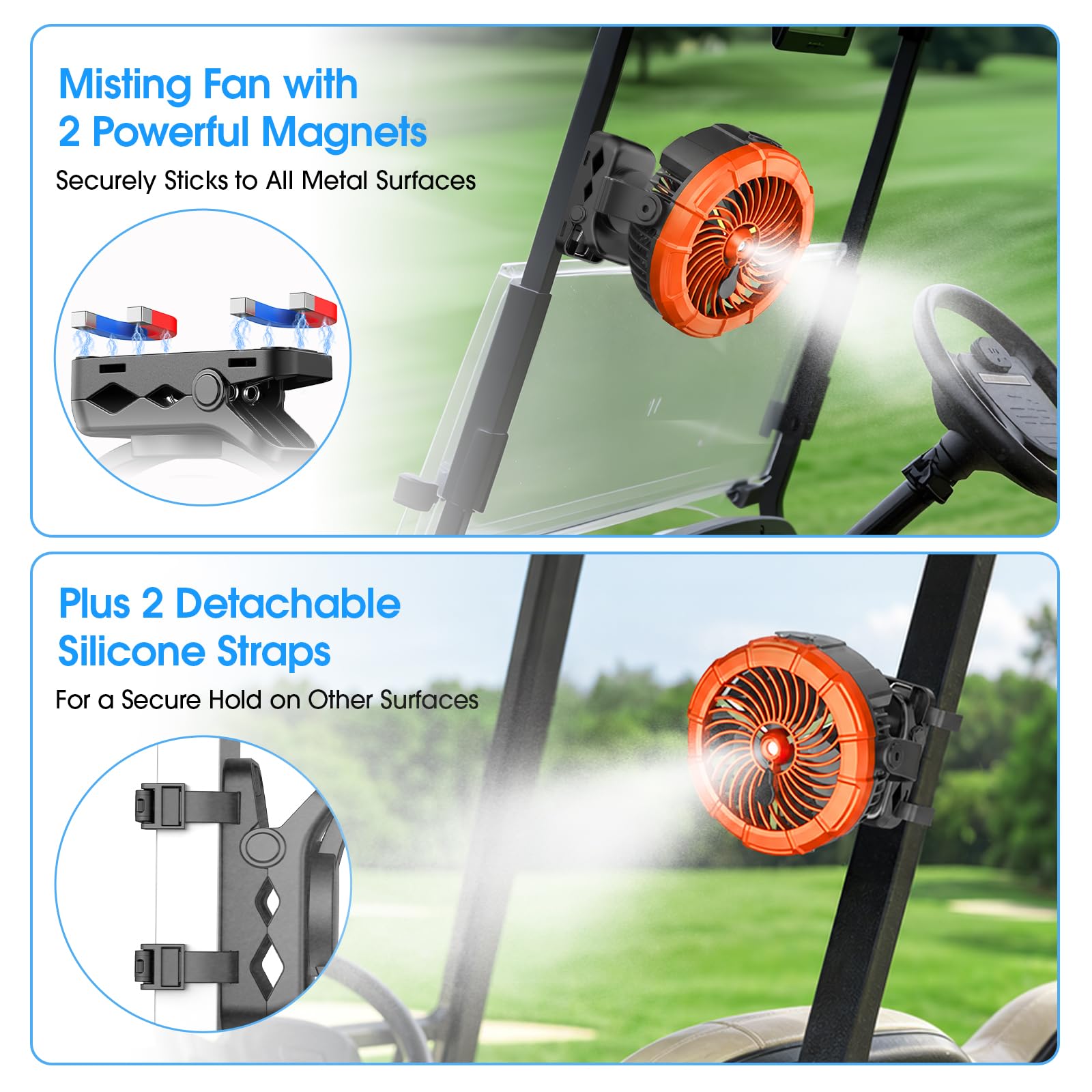 Side view of Ausic Misting Fan showing clip and spray feature