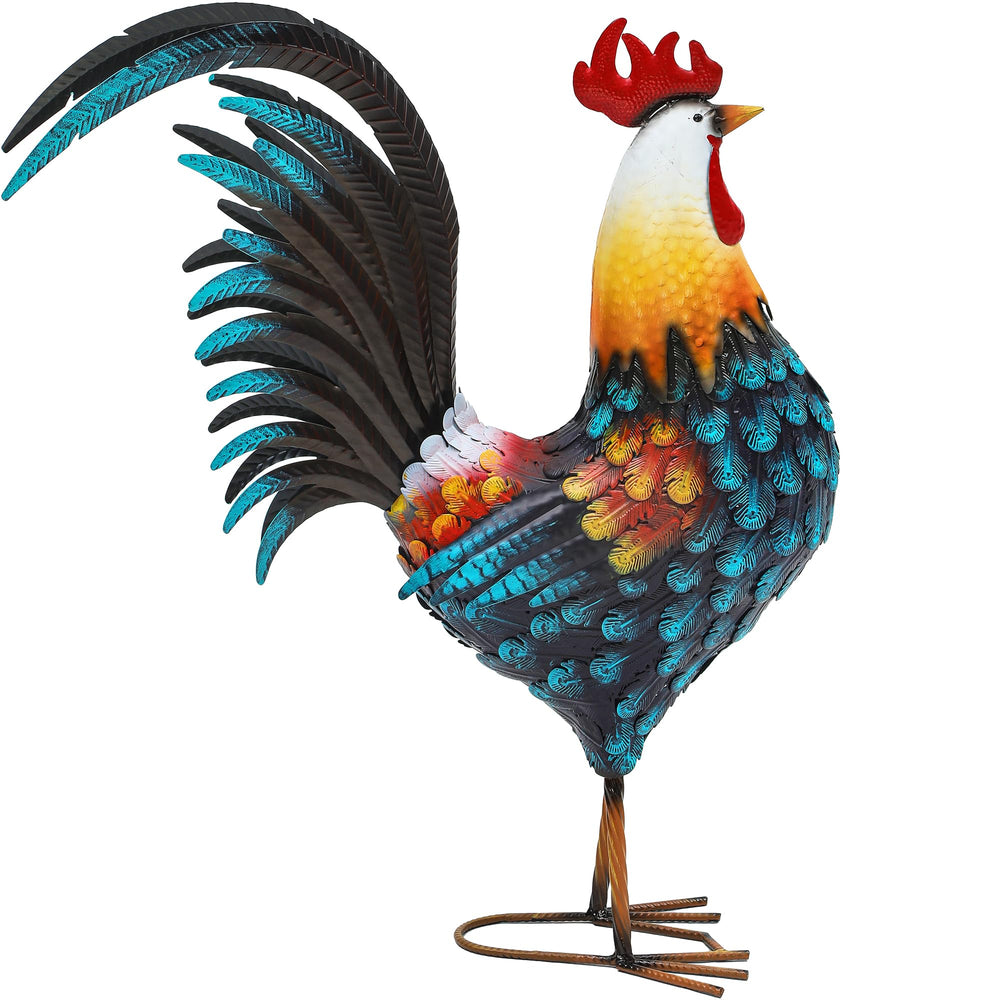 Side view of Autodaya 32" metal rooster in a garden setting