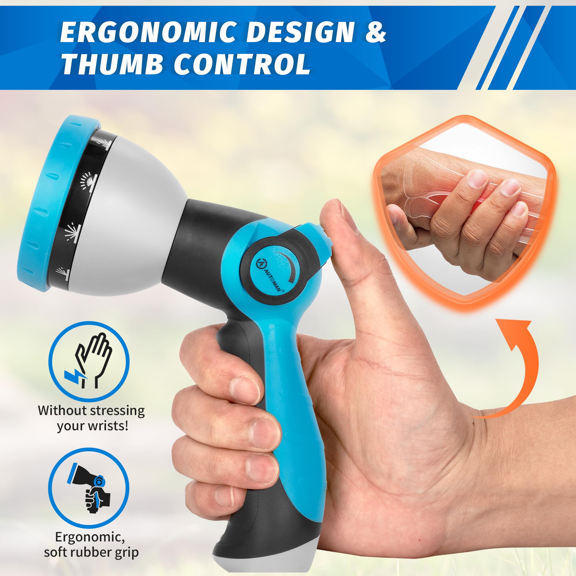 Side view of AUTOMAN Garden Hose Nozzle with ergonomic handle