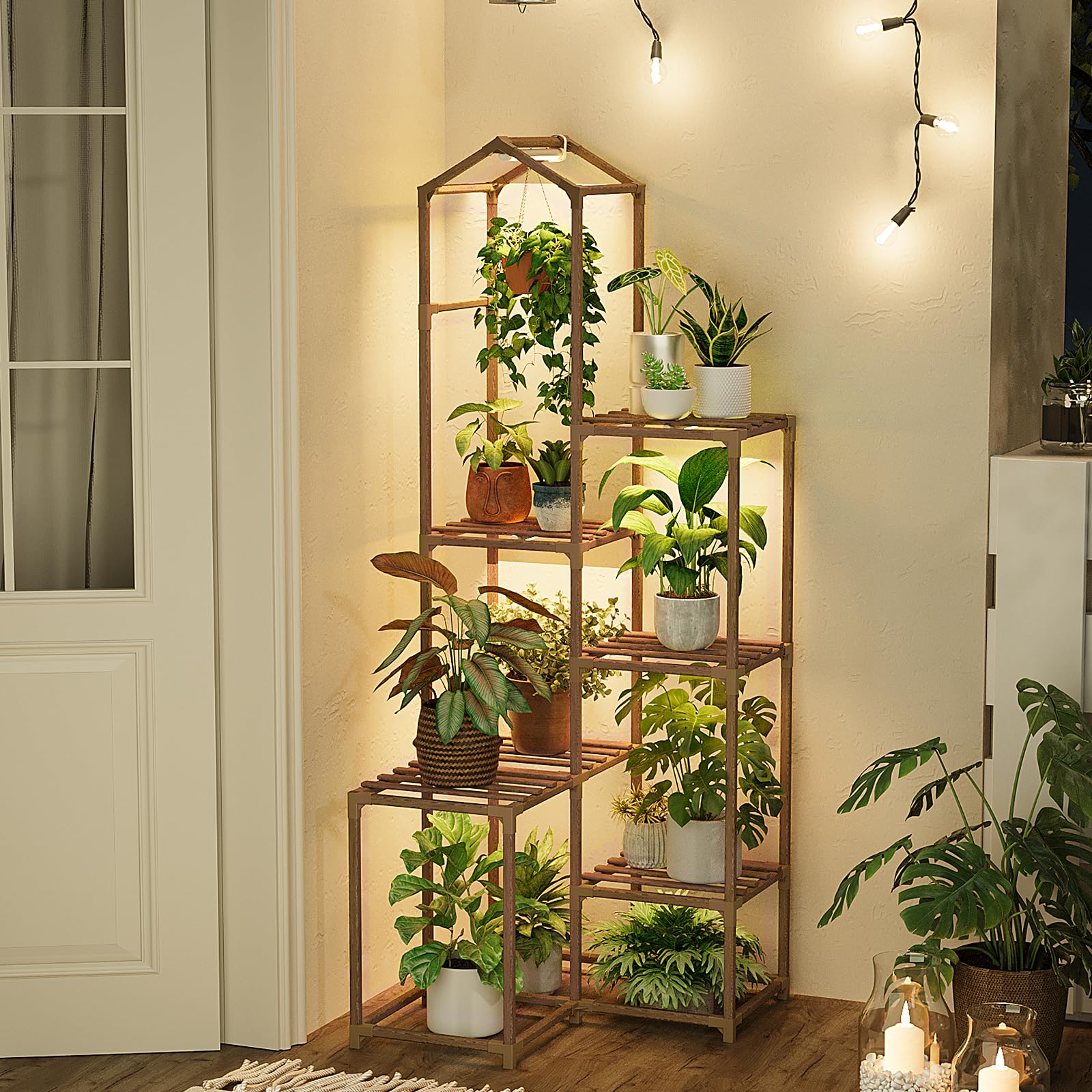 Side view of Bamworld Tall Corner Plant Stand with plants