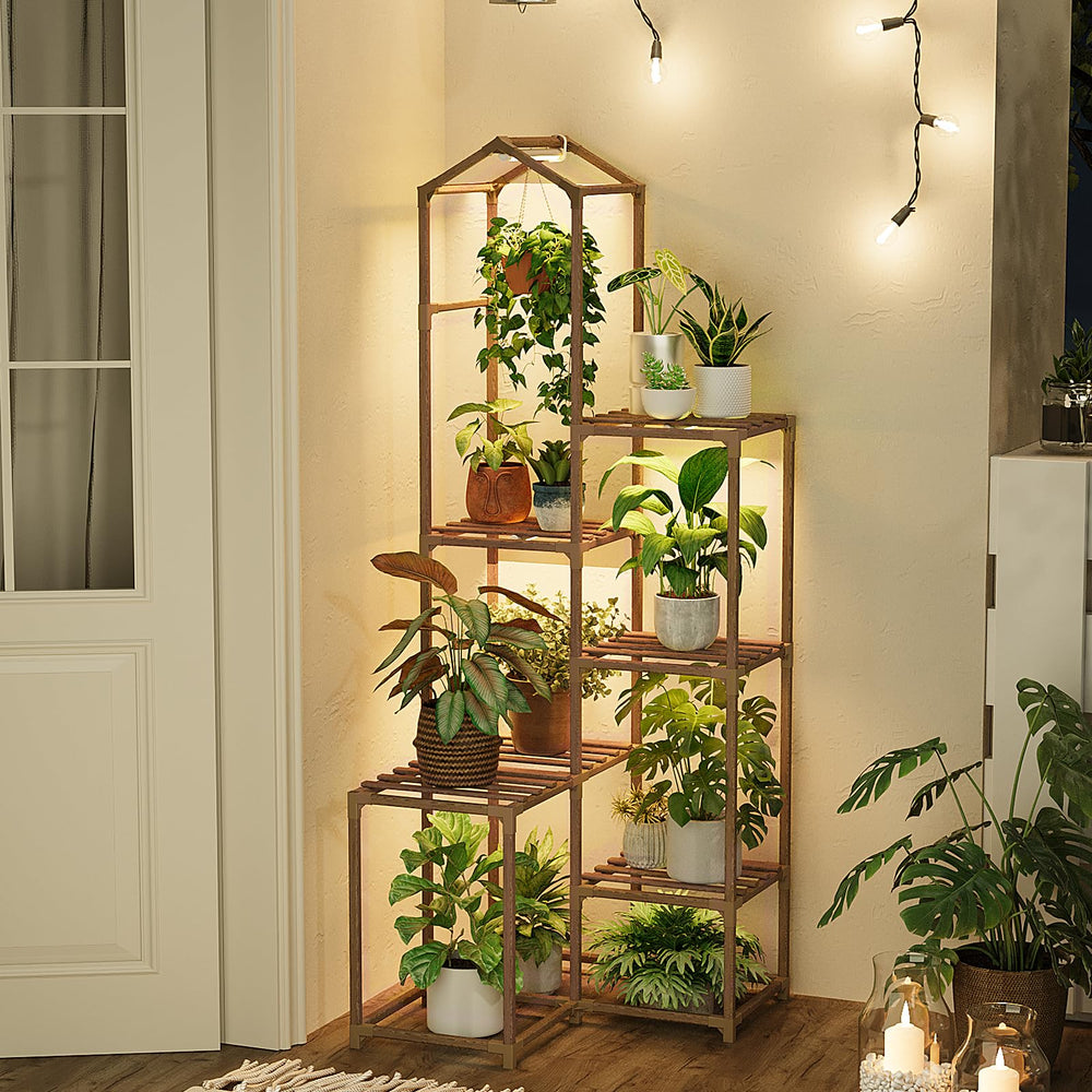 Side view of Bamworld Tall Corner Plant Stand with plants