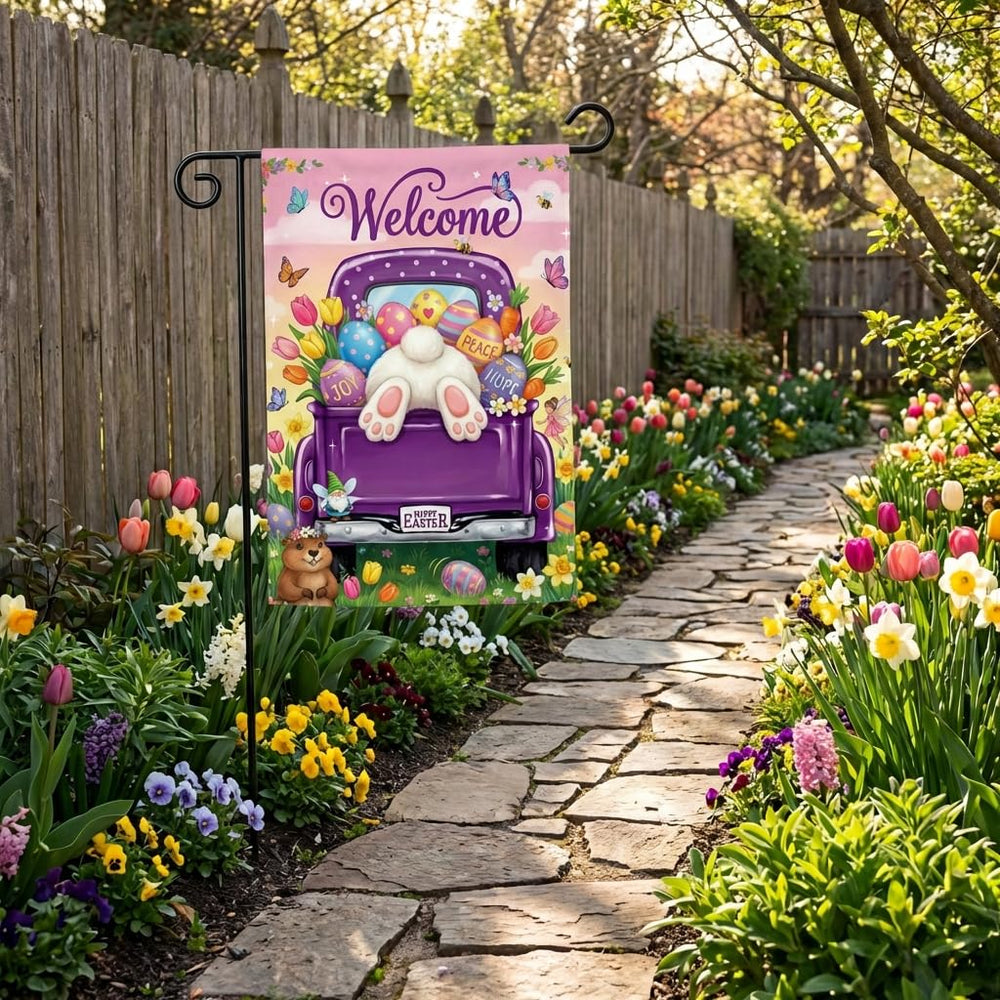 Side view of BANANABROTHER Easter Garden Flag showing vibrant colours