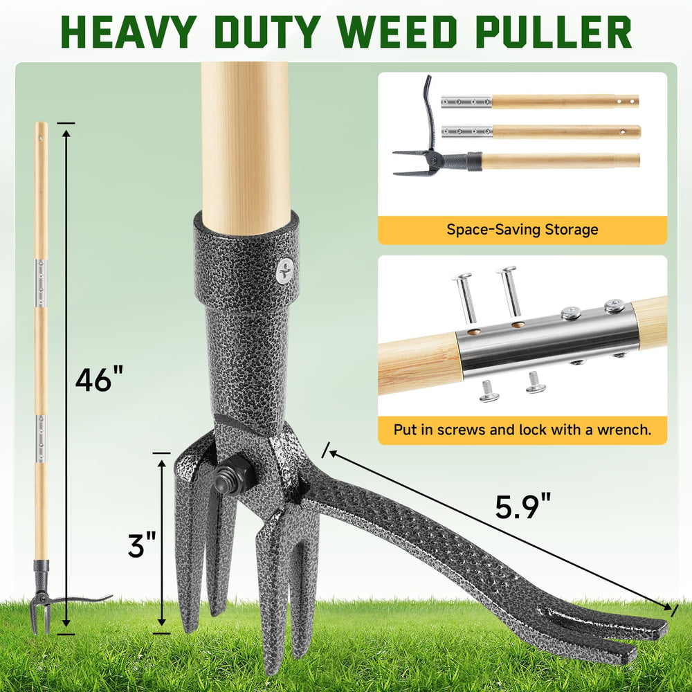 Side view of BellaJoyz Stand Up Weed Puller Tool featuring bamboo handle