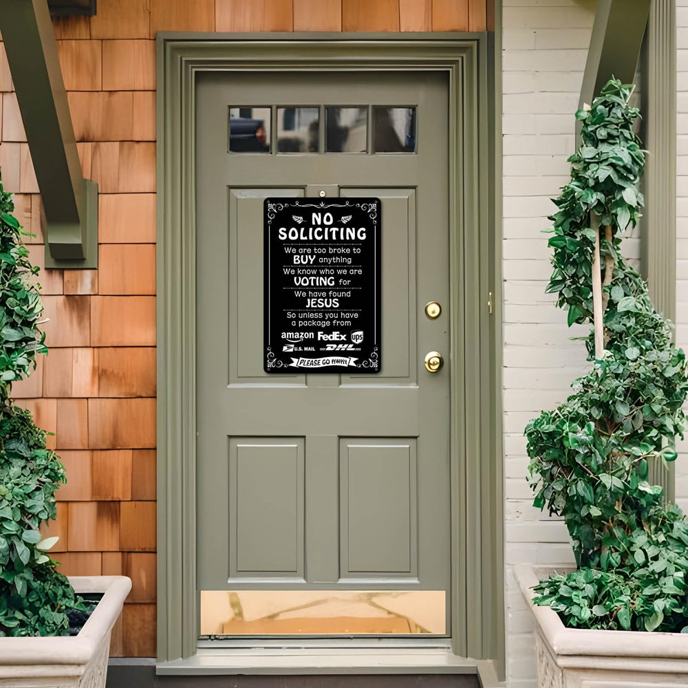 Side view of Bestylez humorous no soliciting sign