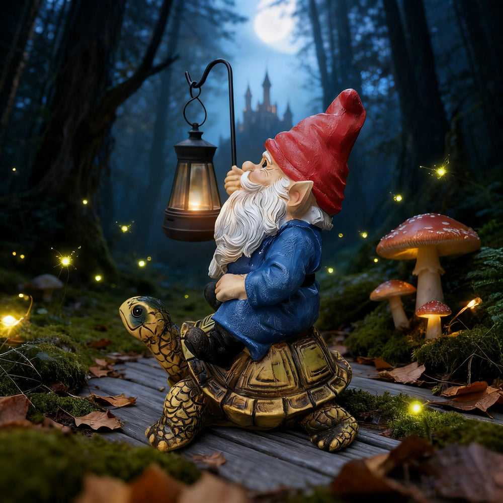 Side view of Bezseili gnome riding turtle statue