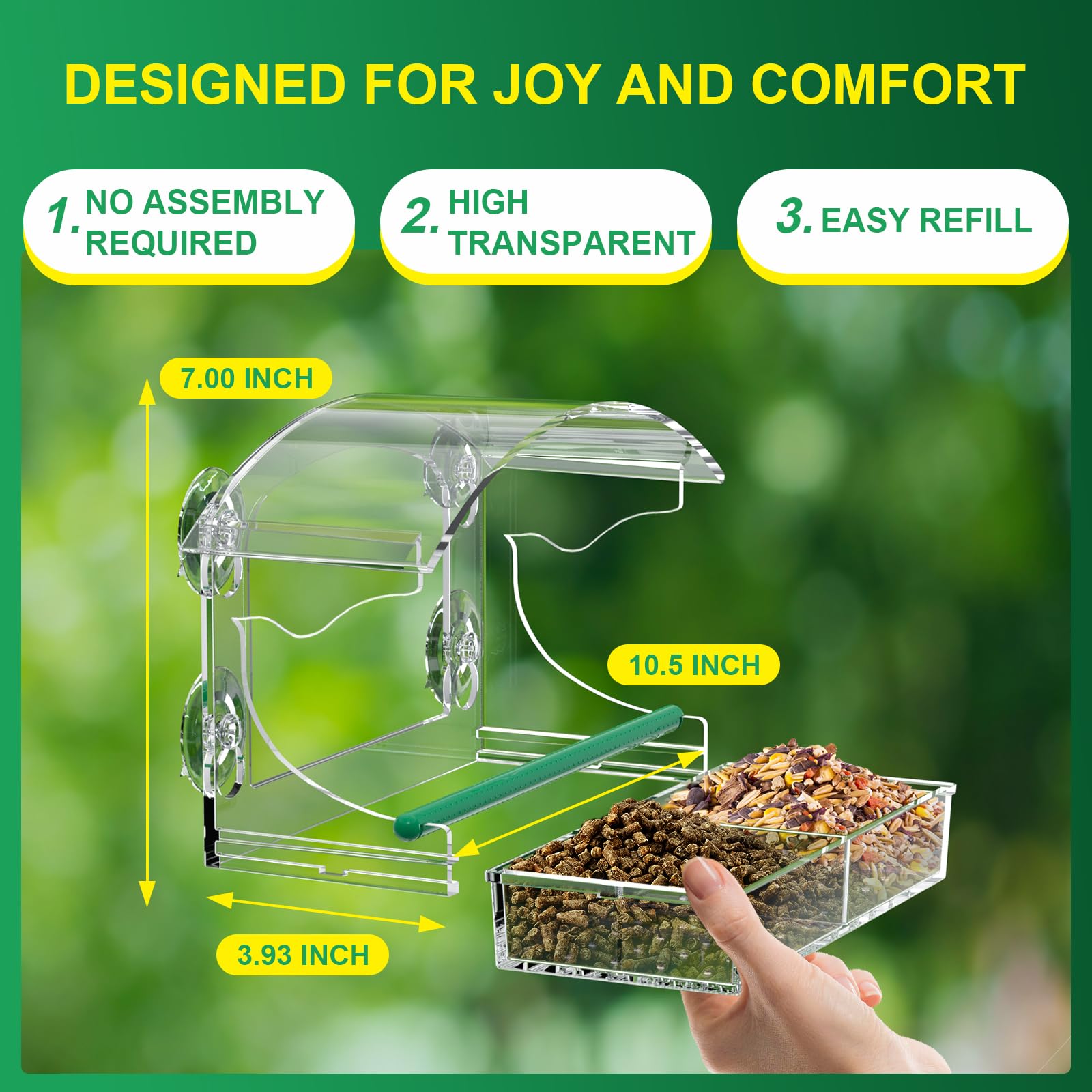 Side view of BPYOT Clear Acrylic Bird Feeder showing seed tray