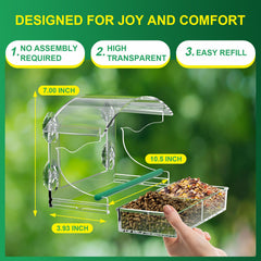 Side view of BPYOT Clear Acrylic Bird Feeder showing seed tray