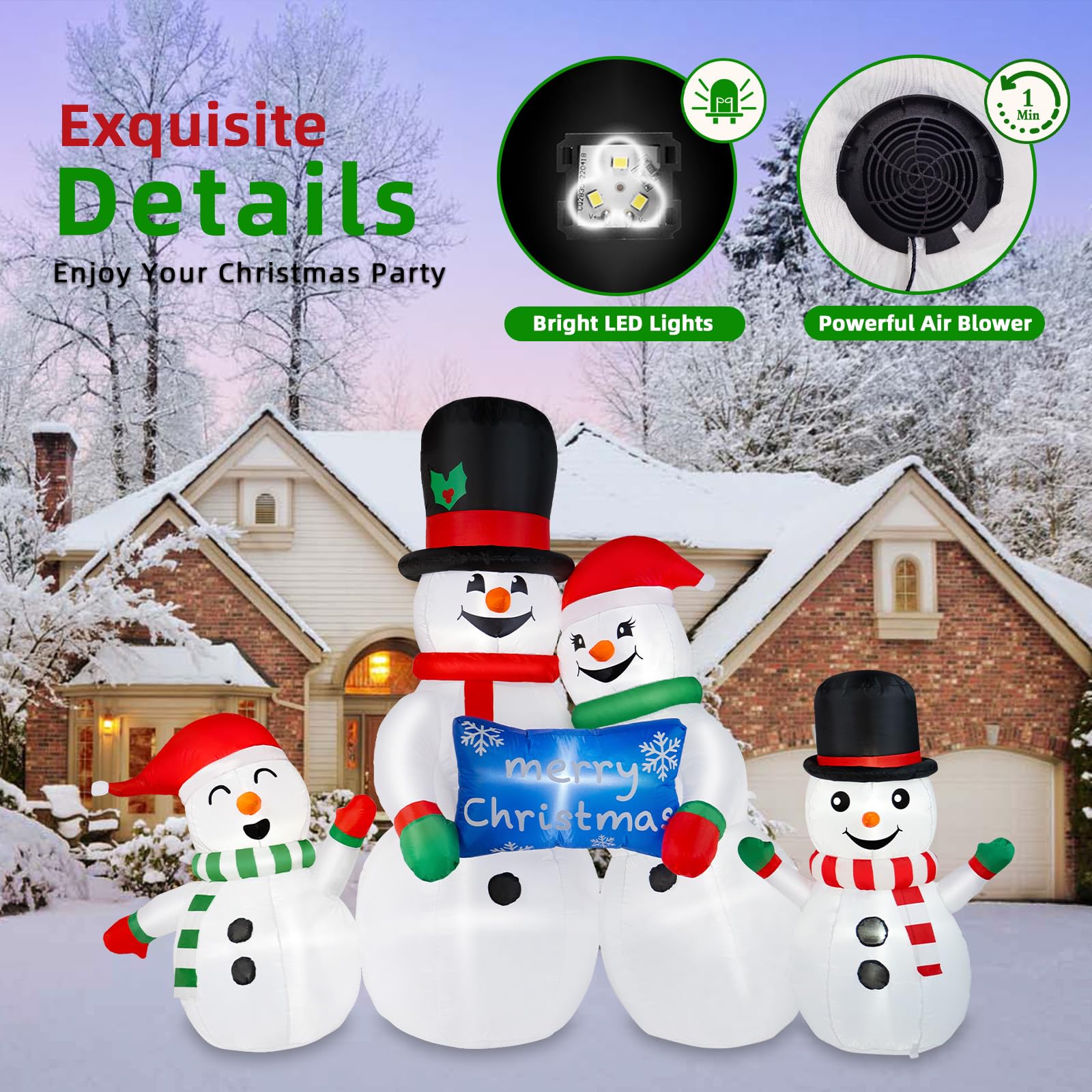 Side view of BRDJade snowman inflatable in garden