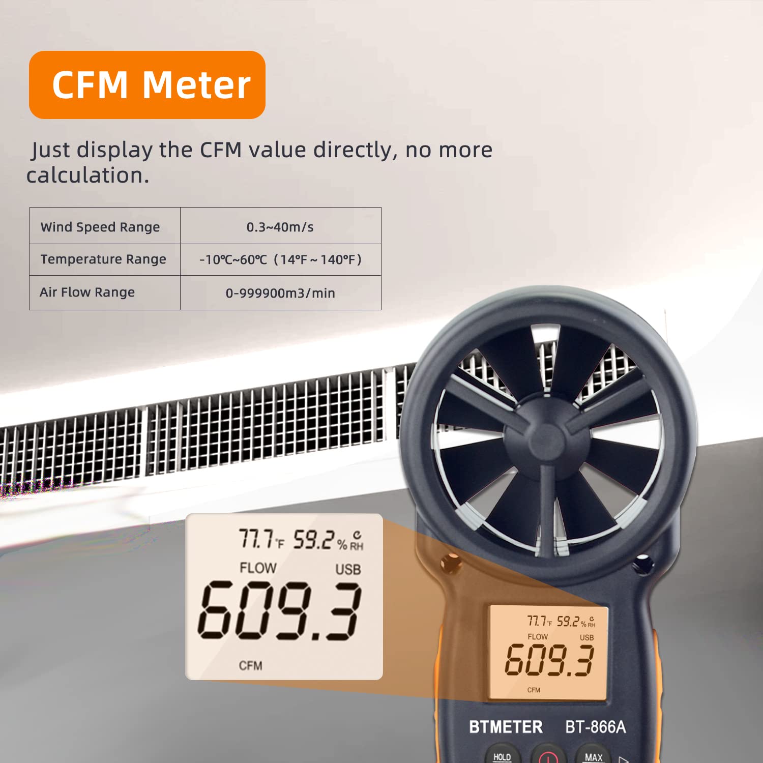 Side view of BTMETER 866A Anemometer showing buttons