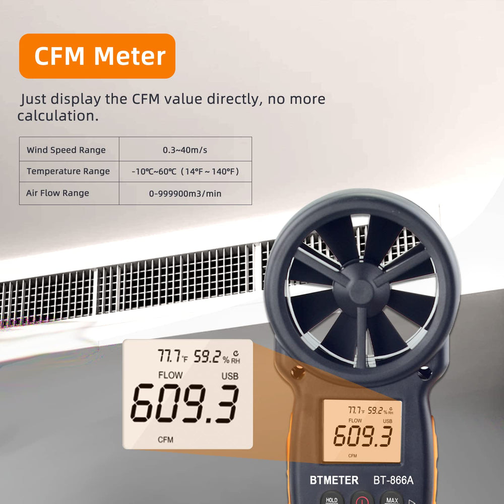 Side view of BTMETER 866A Anemometer showing buttons