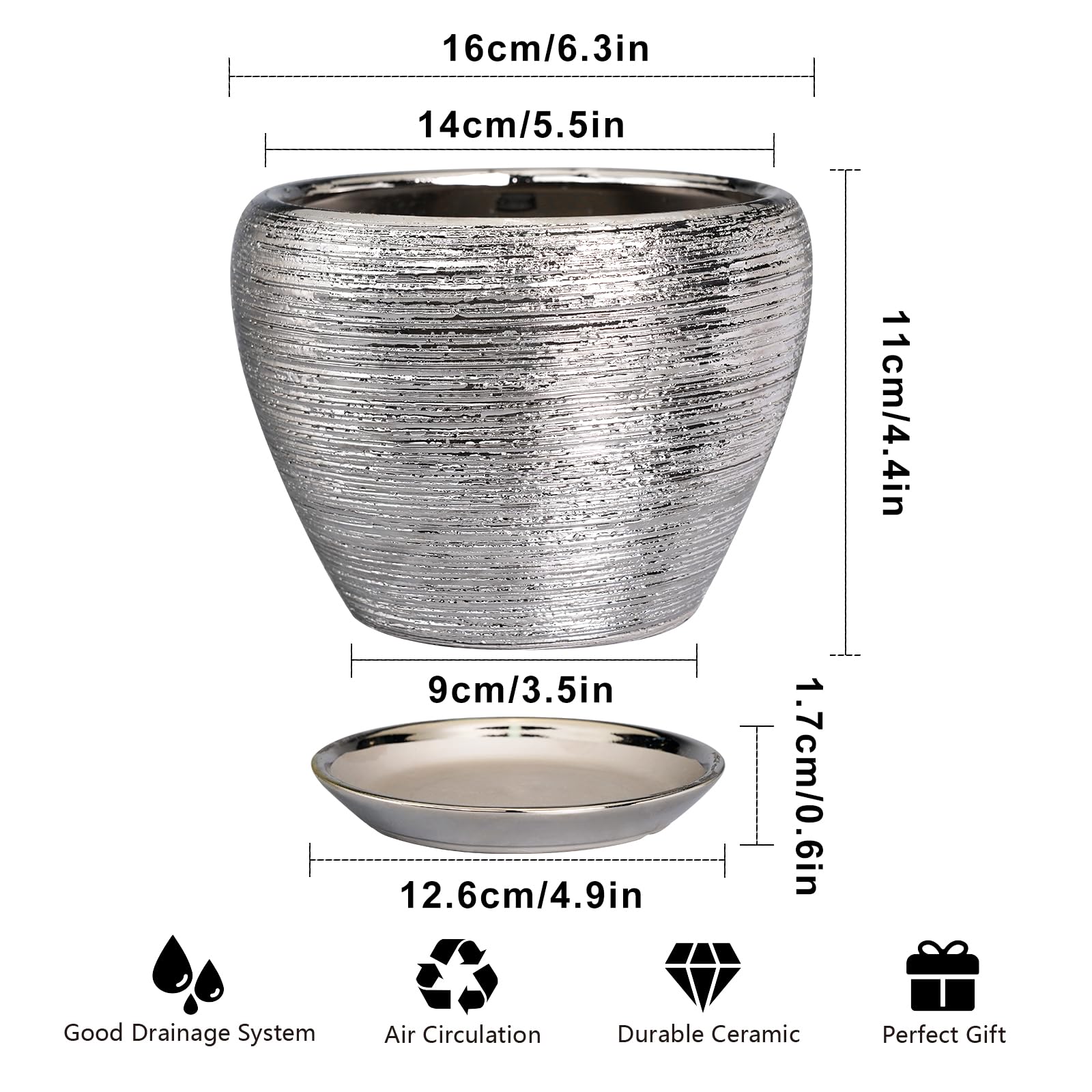 Side view of Ceramicfor Silver Planter with Indoor Plant