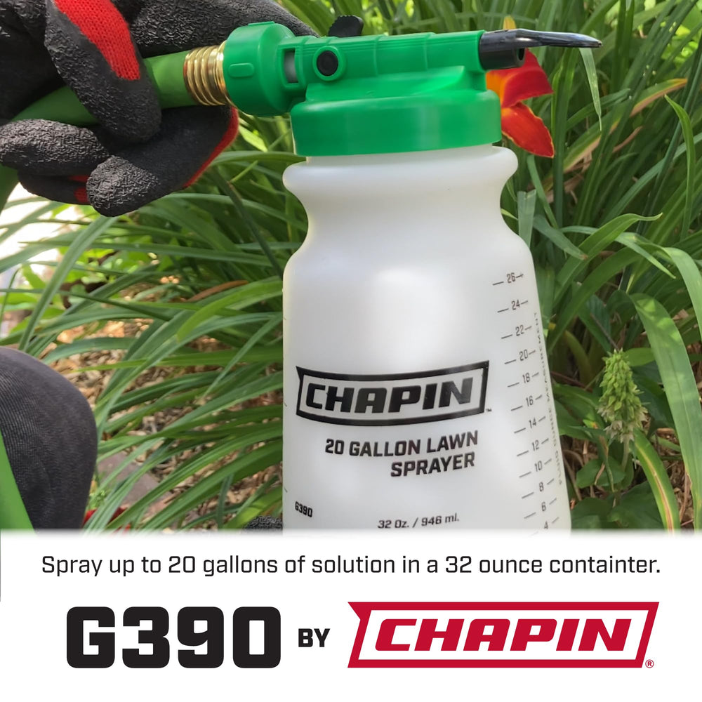 Side view of CHAPIN G390 with attached hose and nozzle