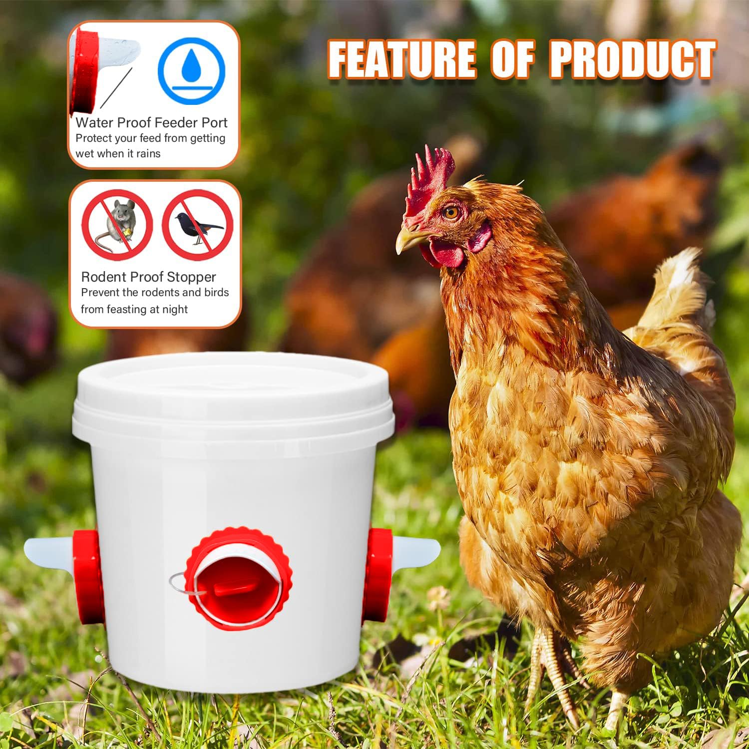 Side view of Chicken Feeder Port installed on a bucket