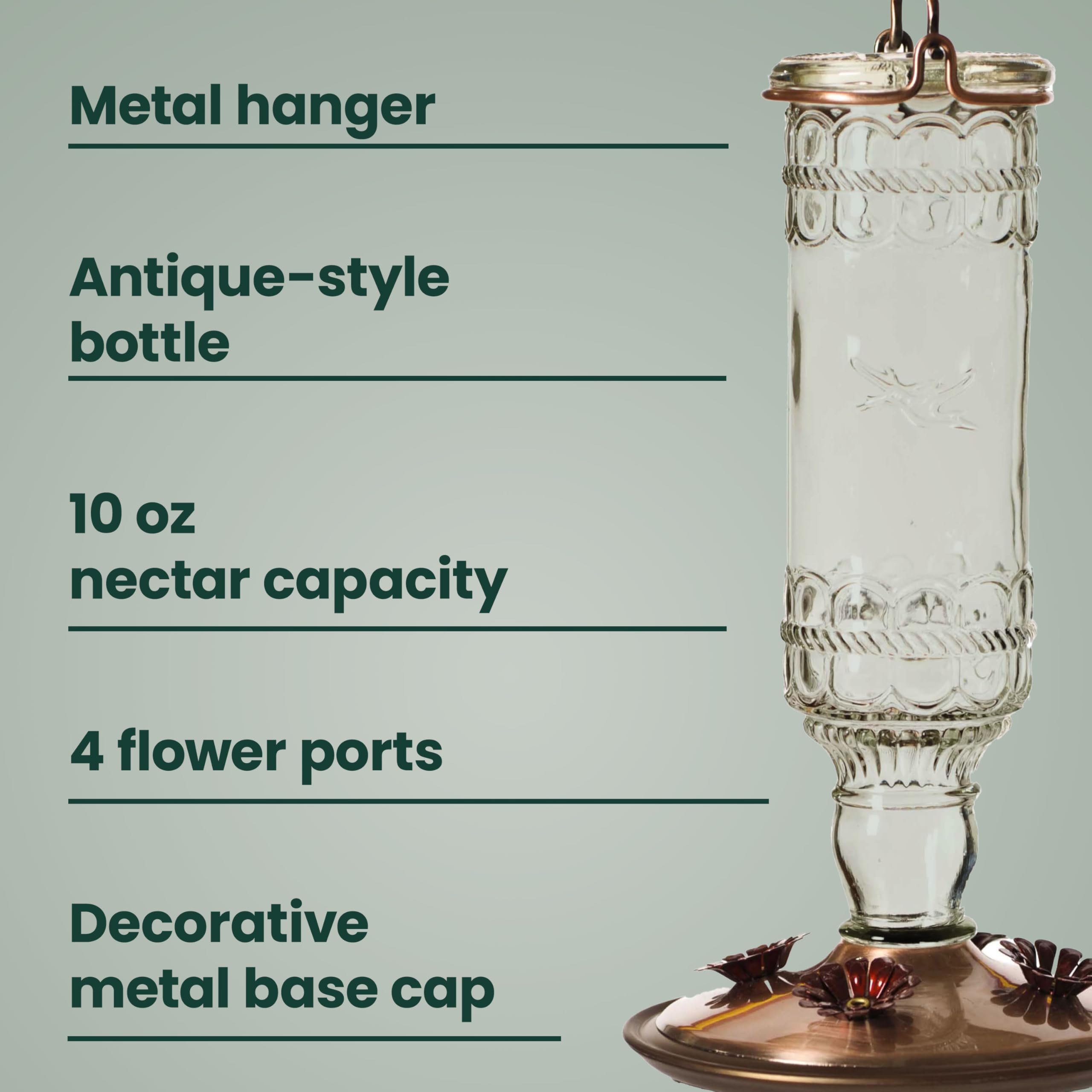 Side view of clear glass bottle of Perky-Pet Hummingbird Feeder