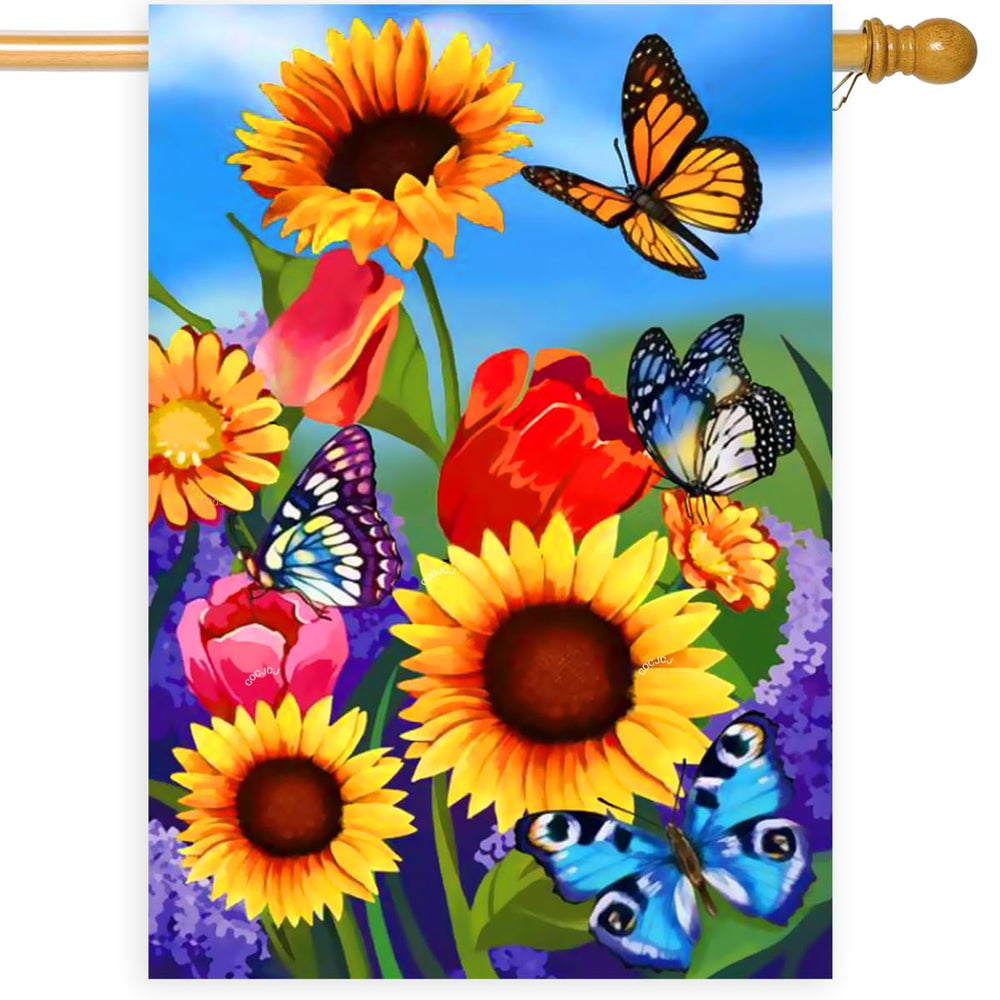 Side view of COCJCJ Large Garden Flag with butterfly design