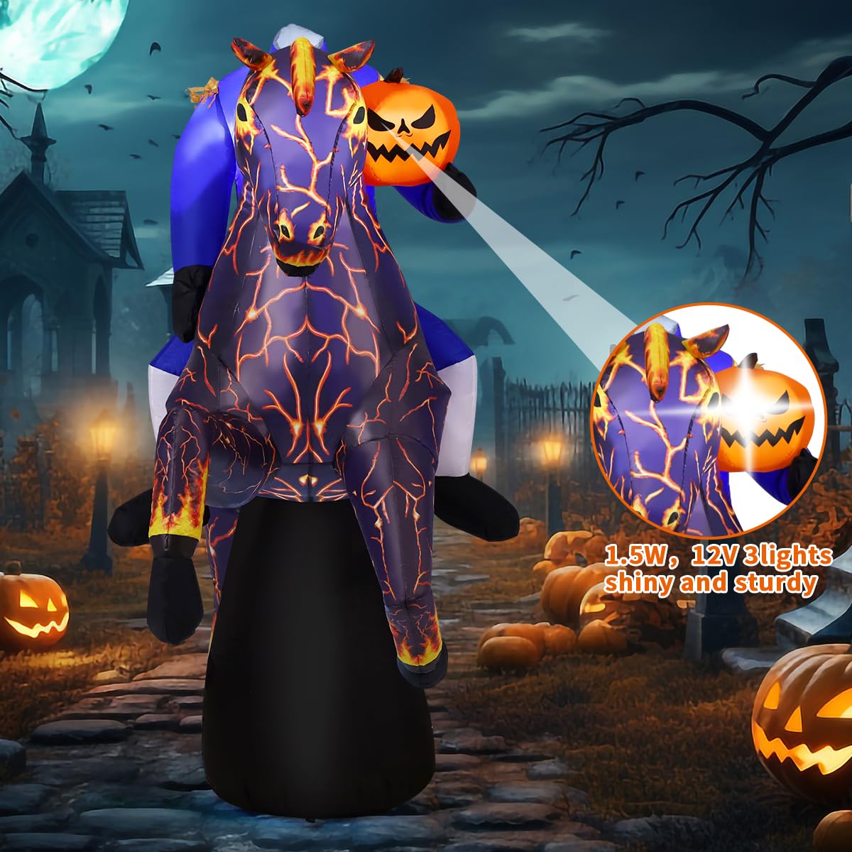 Side view of COMIN inflatable Headless Horseman with built-in LEDs