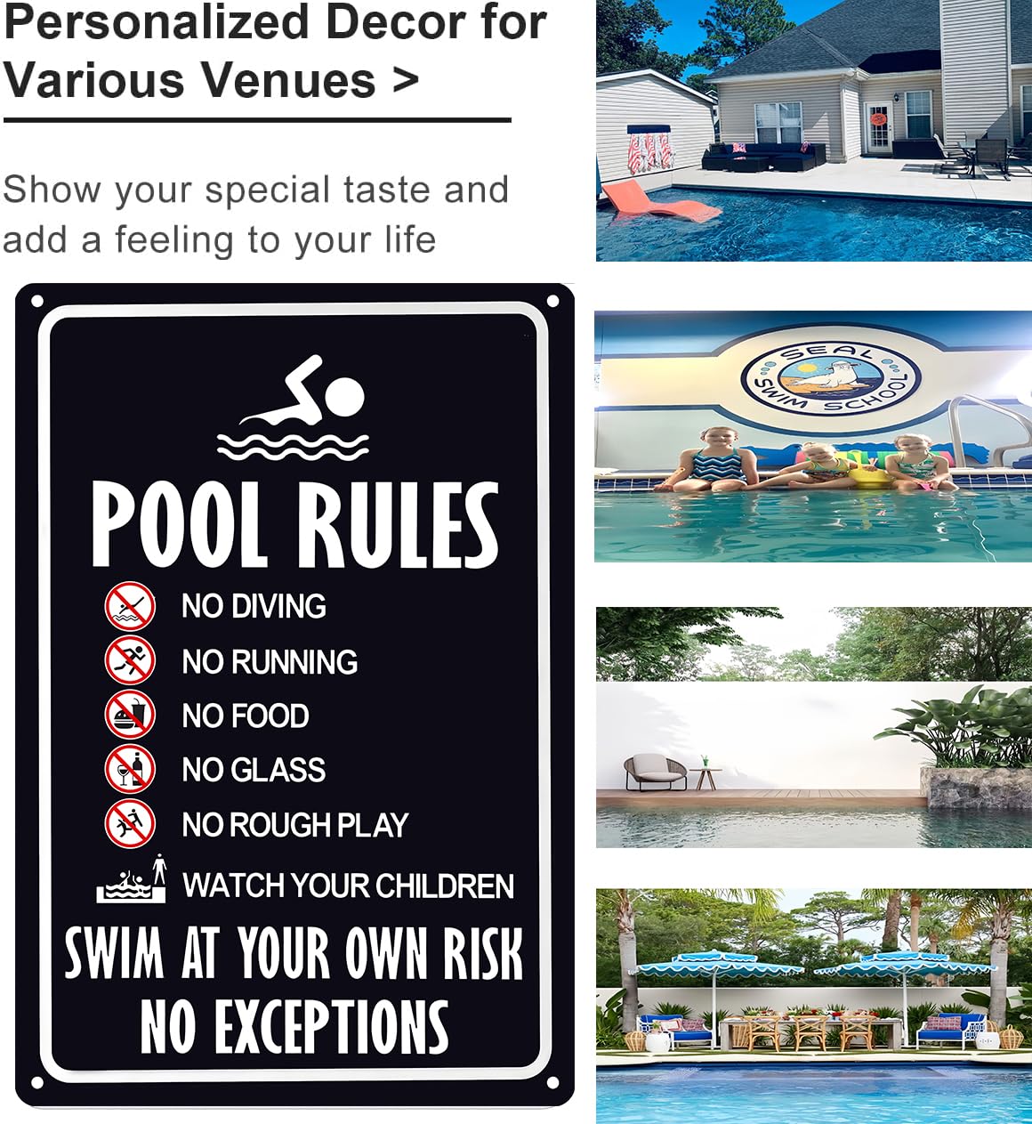 Side view of CrazySign vintage tin pool rules sign