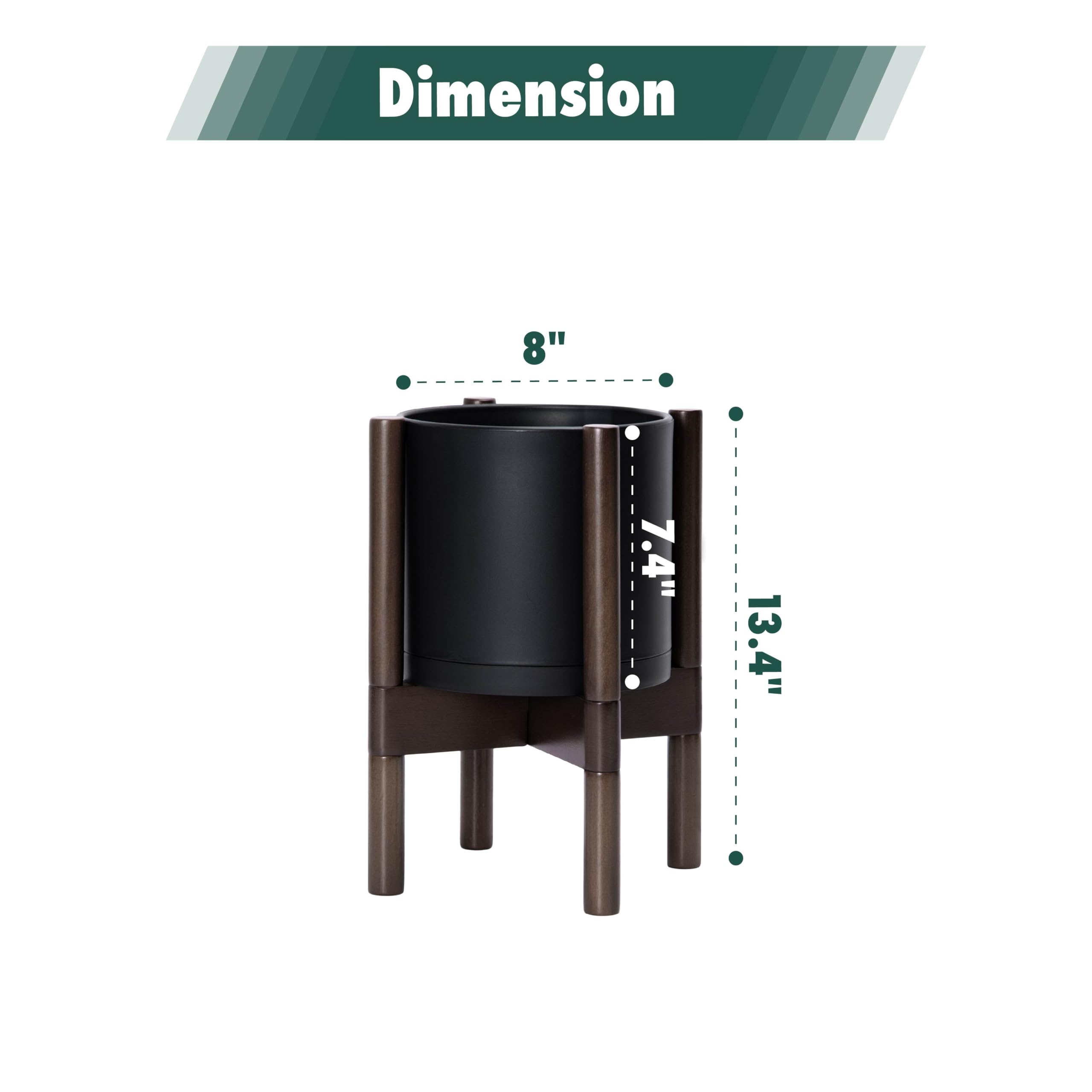 Side view of D'vine Dev 8 inch black pot on wooden stand