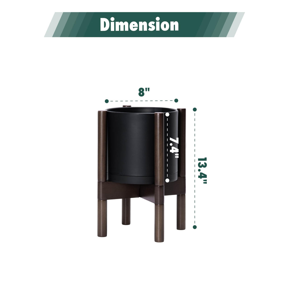 Side view of D'vine Dev 8 inch black pot on wooden stand