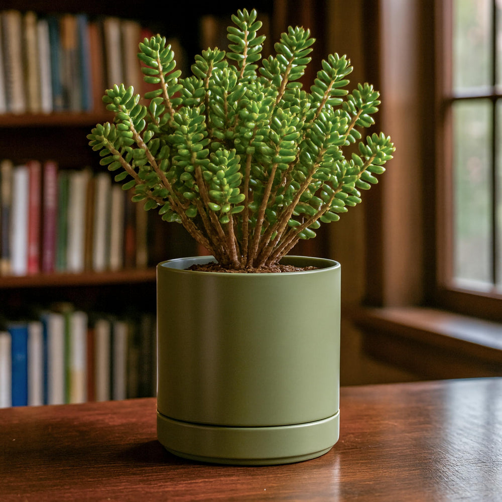 Side view of D'vine Dev Ceramic Planter Pot in Olive