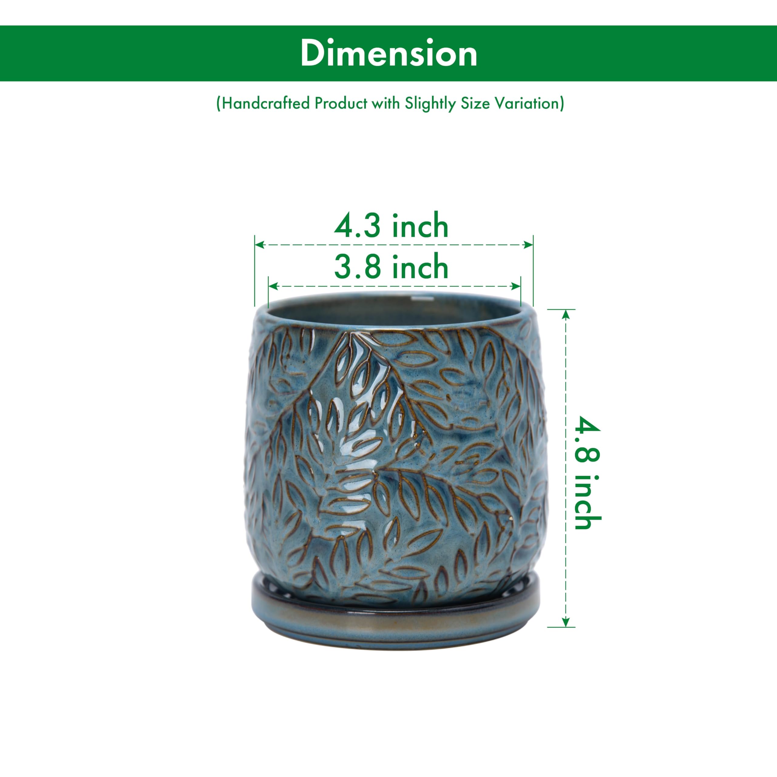 Side view of D'vine Dev embossed leaves ceramic planter in Ocean Teal