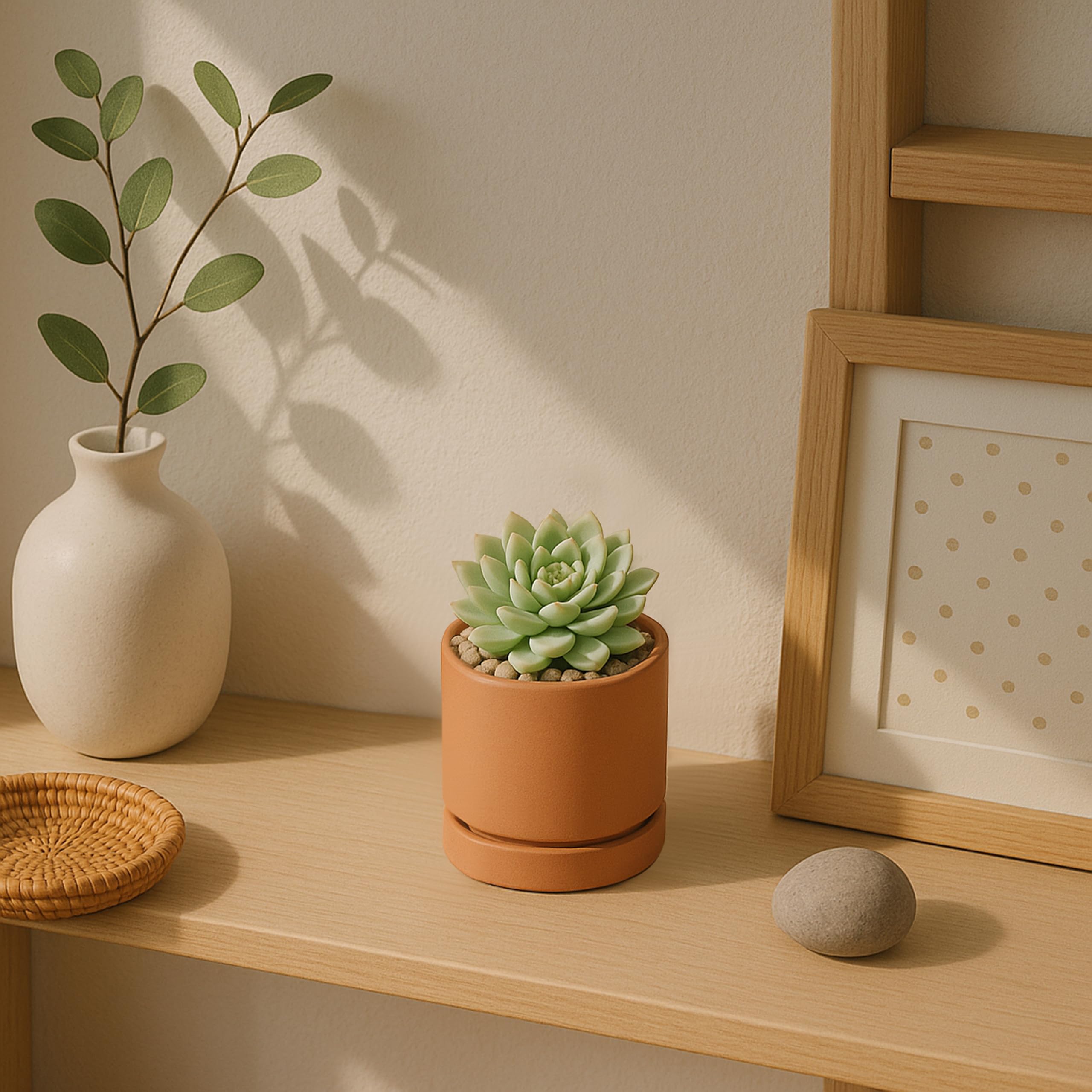 Side view of D'vine Dev terracotta plant pot with plant inside