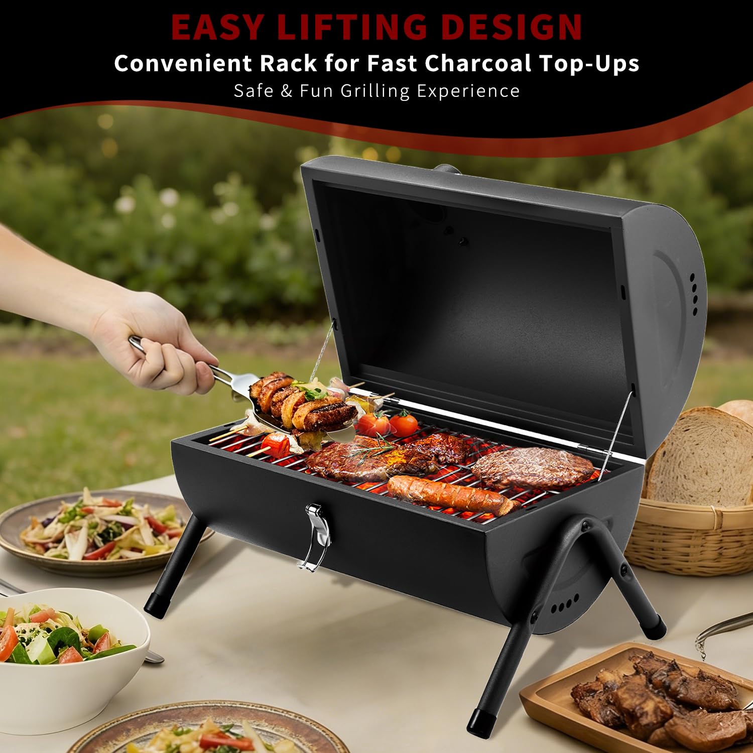Side view of DNKMOR Portable Charcoal Grill with wood handle