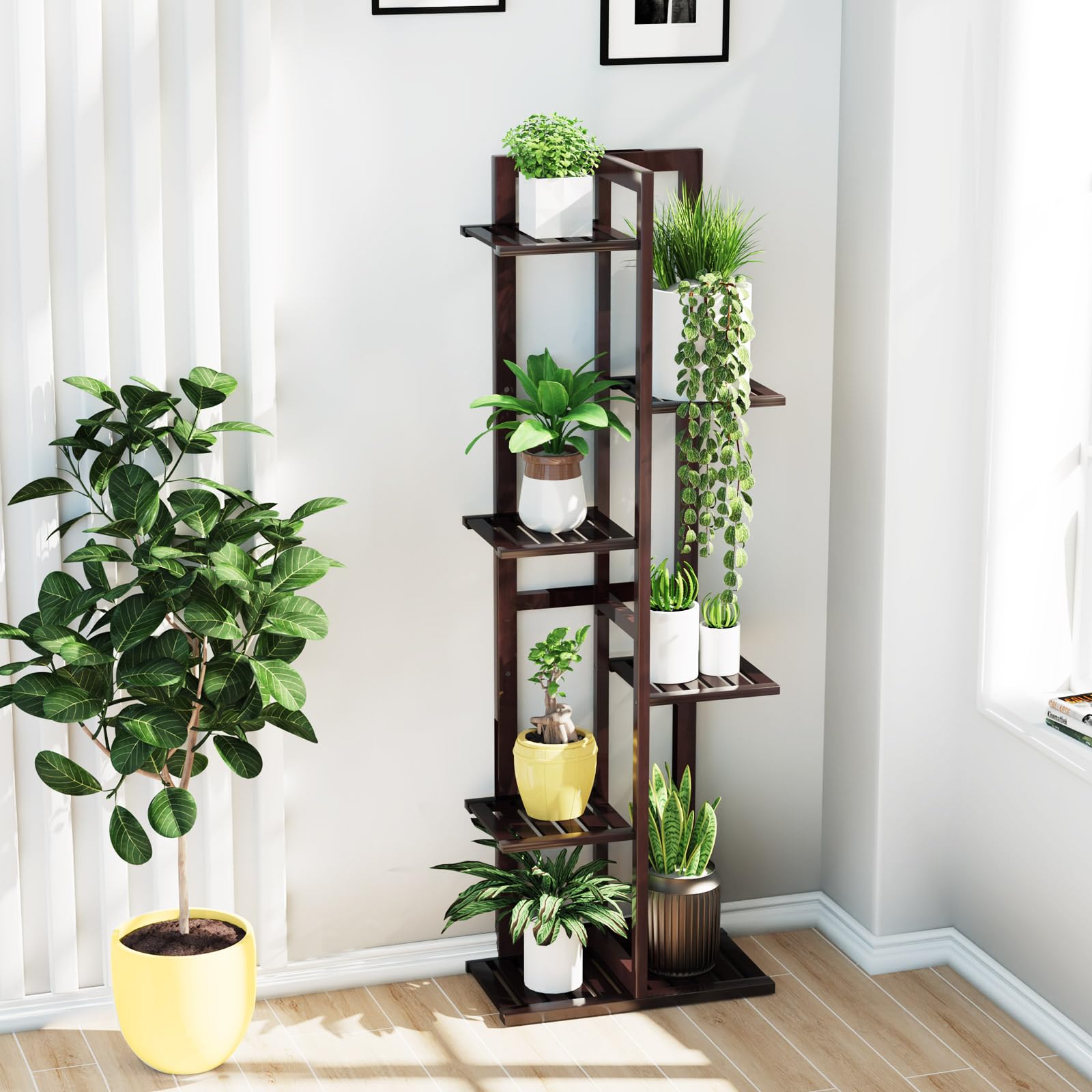 Side view of DolceLuna Bamboo Plant Stand with plants