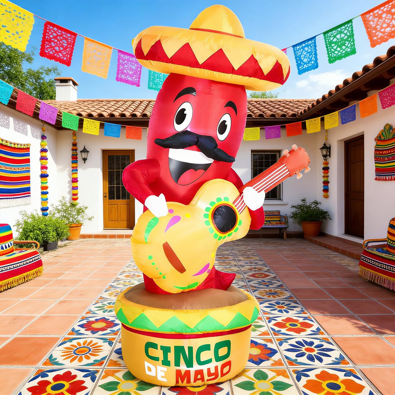 Side view of DomKom inflatable chili decoration outdoors