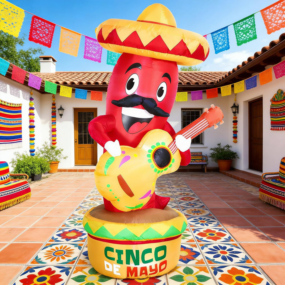 Side view of DomKom inflatable chili decoration outdoors