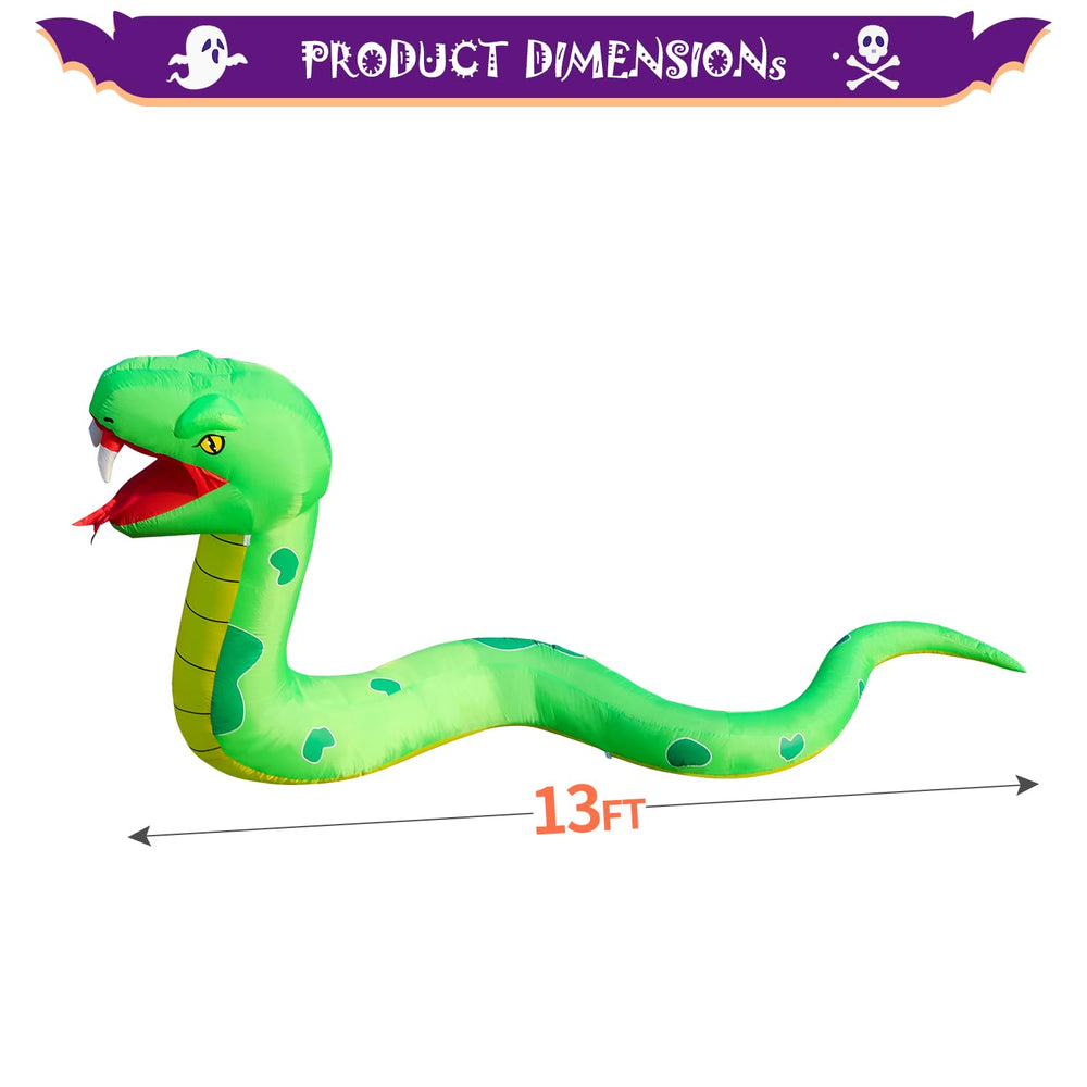 Side view of DomKom inflatable giant snake in a Halloween yard display