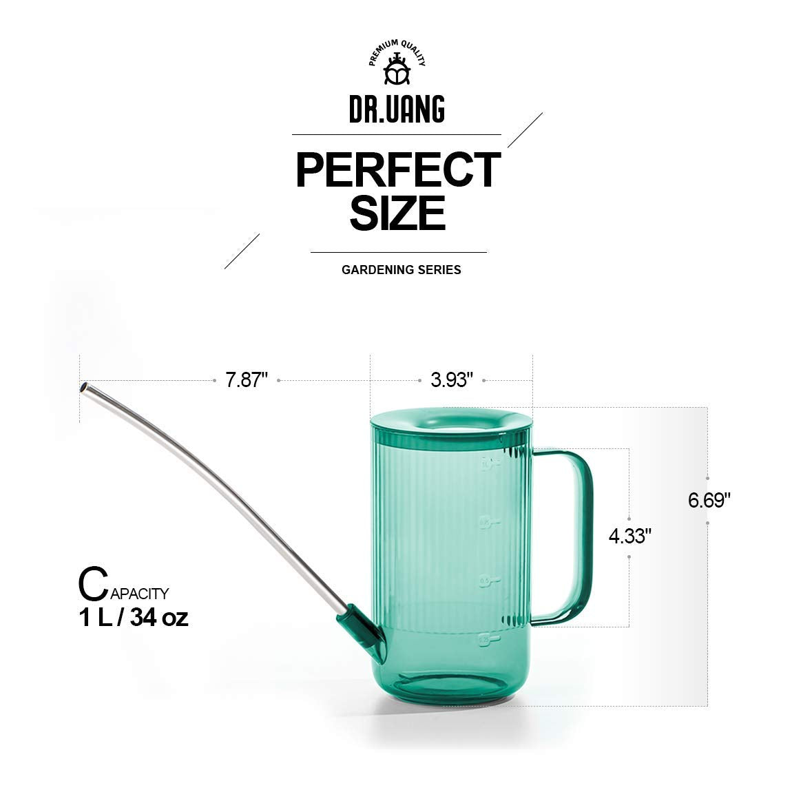 Side view of DR.UANG watering can with long spout