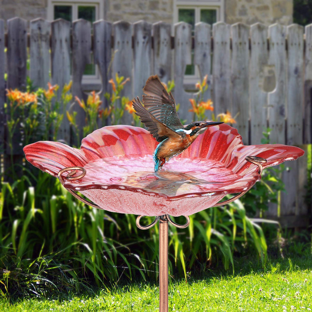 Side view of DREAM GARDEN Glass Bird Bath showing metal stake