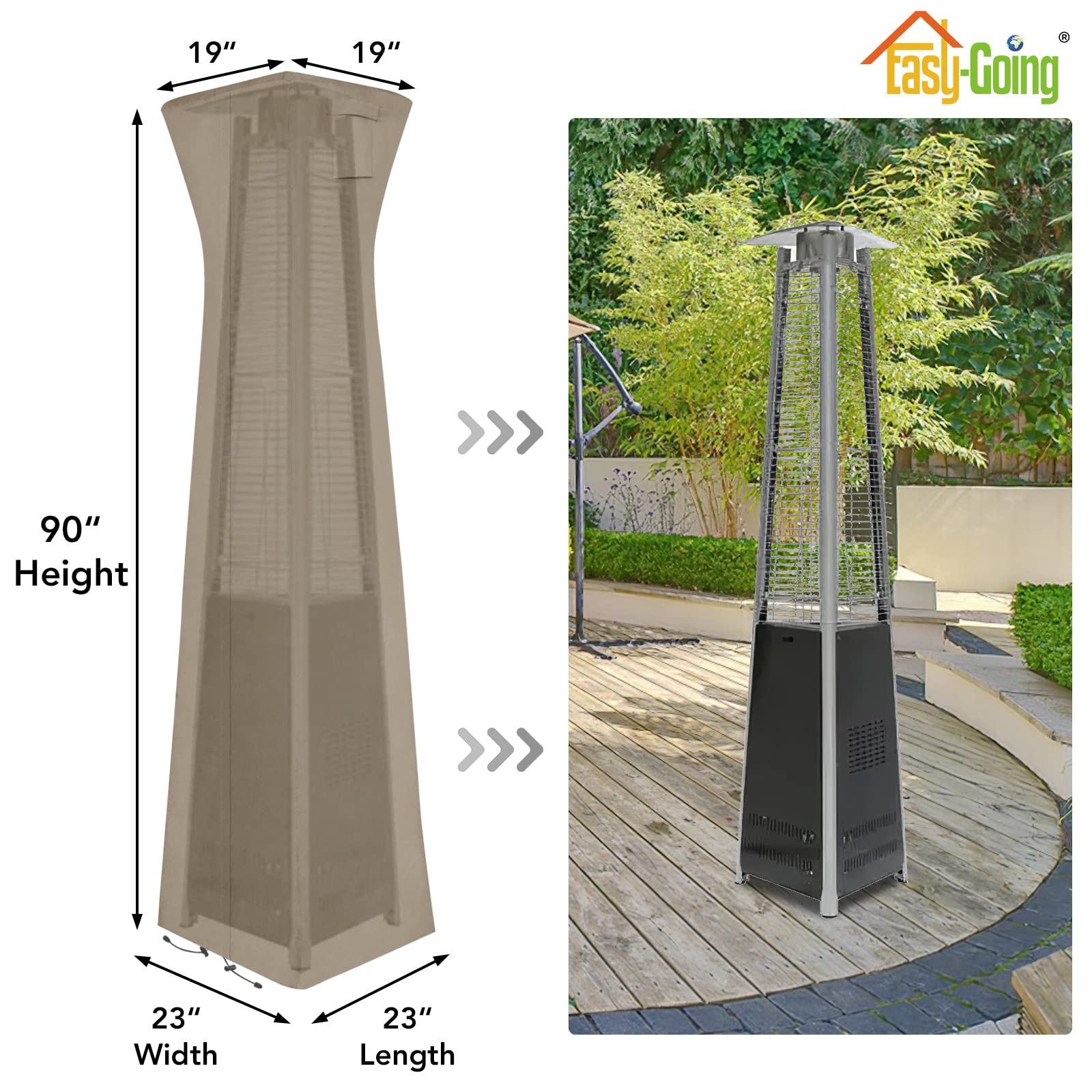Side view of Easy-Going Pyramid Torch Patio Heater Cover showing zipper
