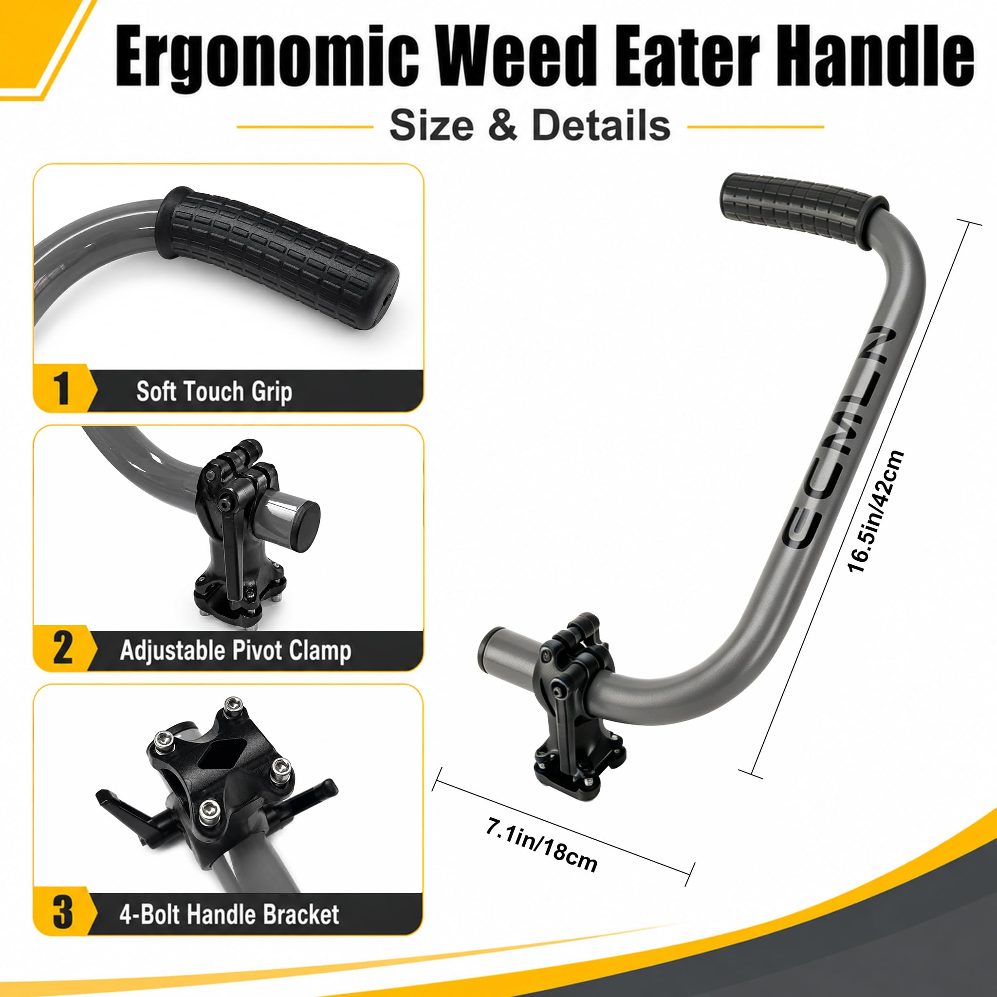 Side view of Ecmln Weed Eater Handle showcasing bracket clamp