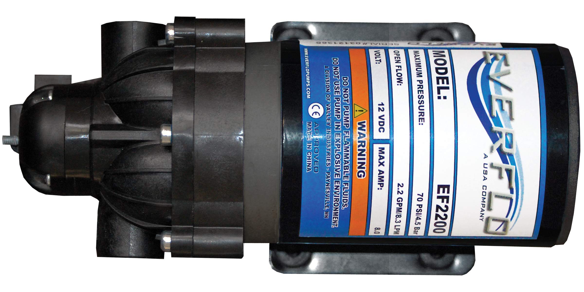 Side view of Everflo diaphragm pump showing connections