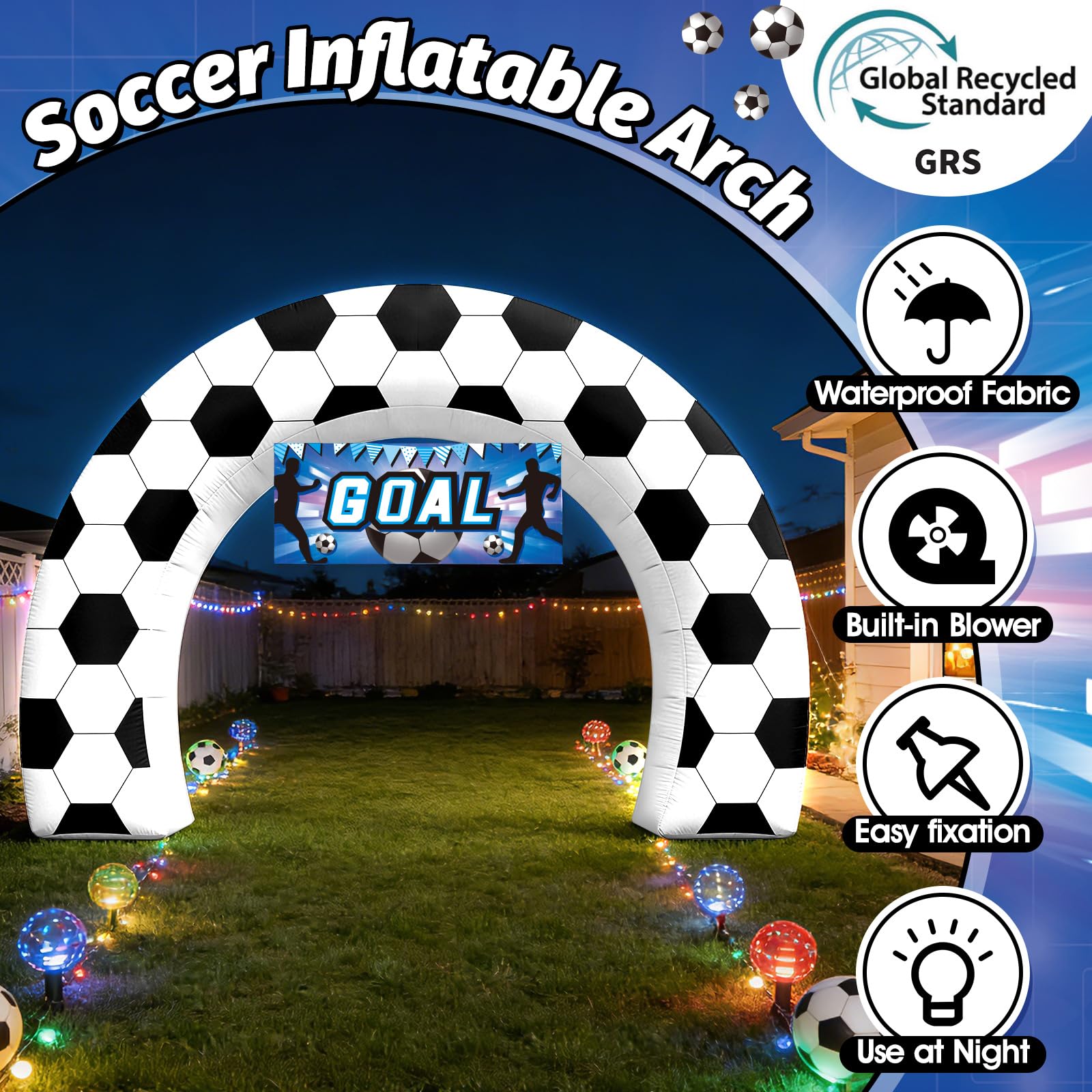 Side view of Eyourlife 8FT inflatable soccer arch with vibrant graphics