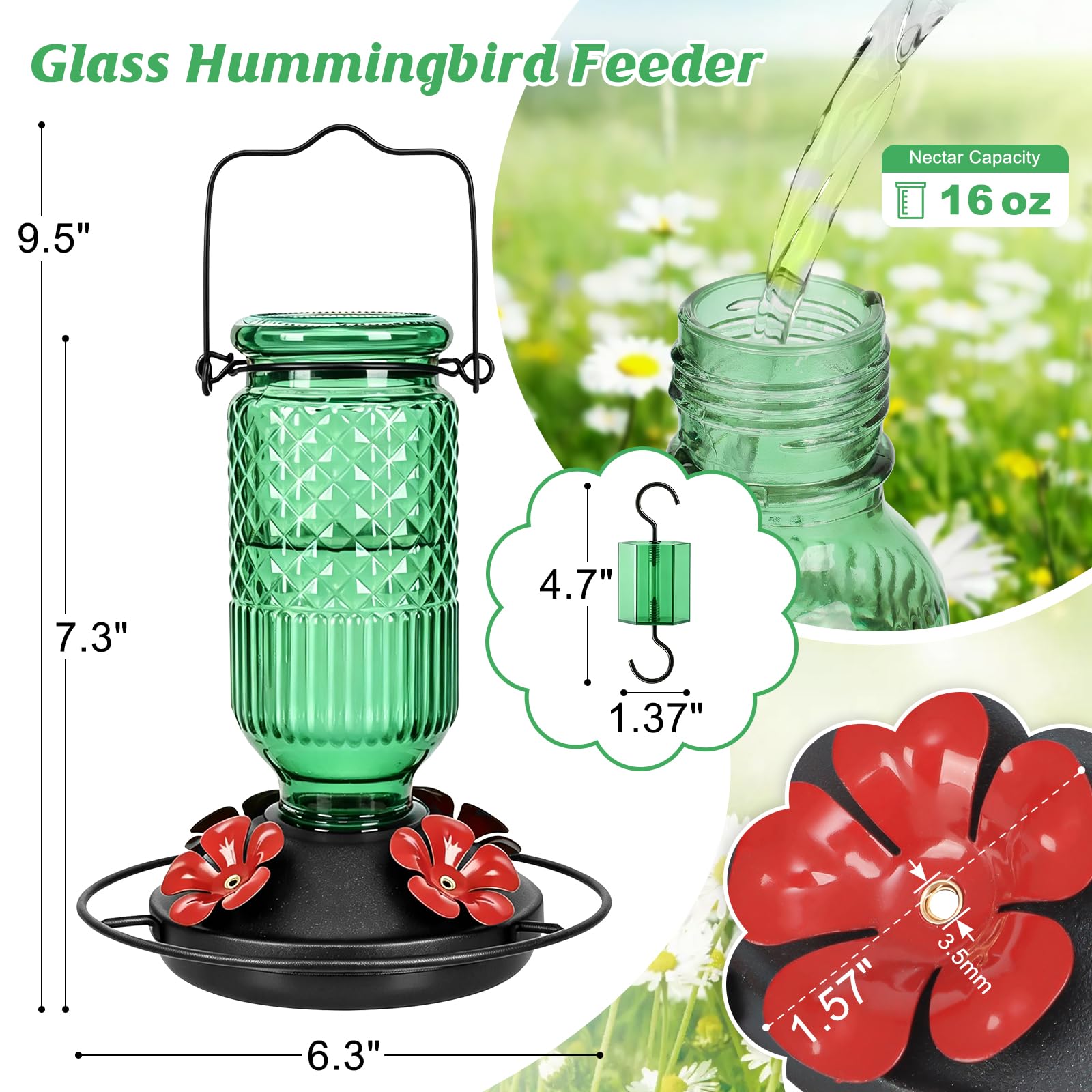 Side view of FEED GARDEN 16oz Hummingbird Feeder with flower feeding ports