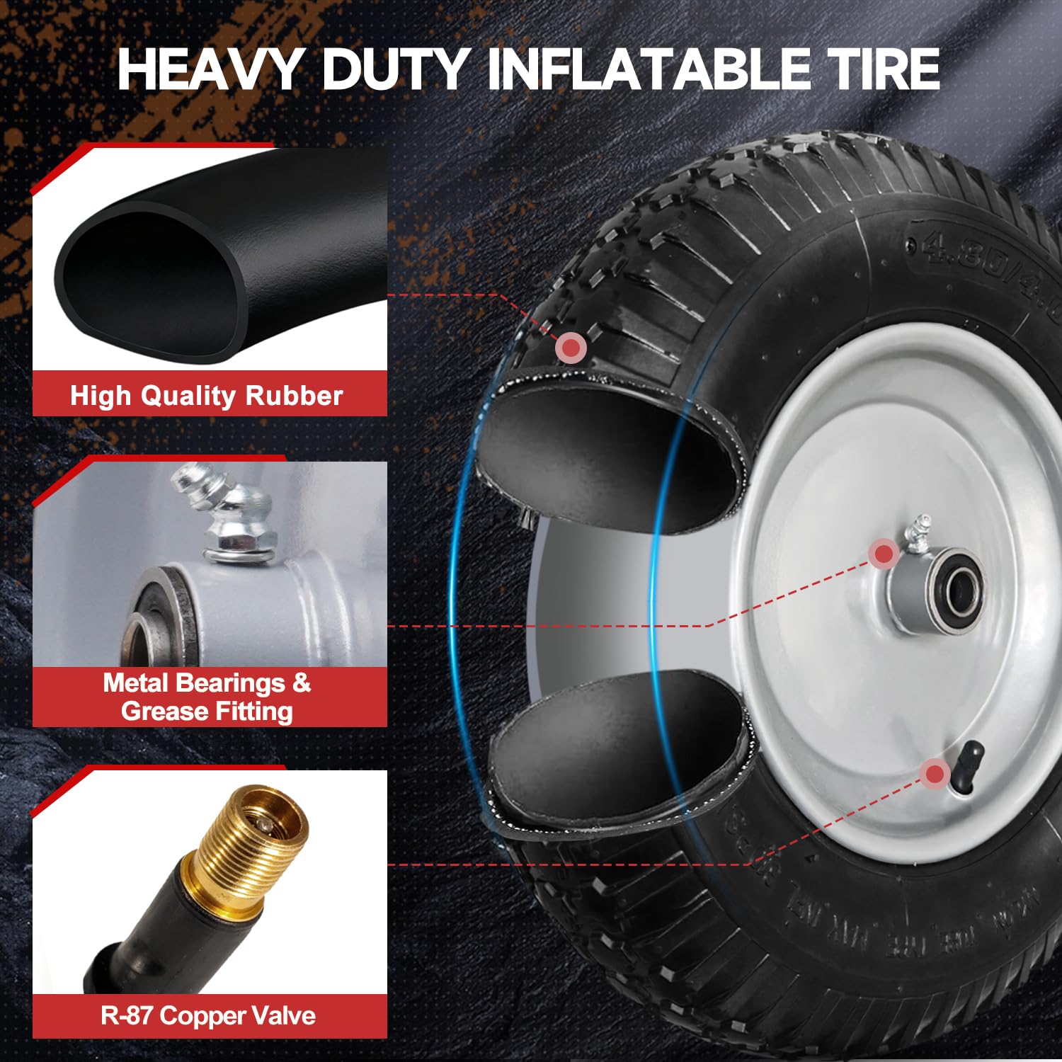 Side view of FEILOONG 14.5 inch tire on garden cart
