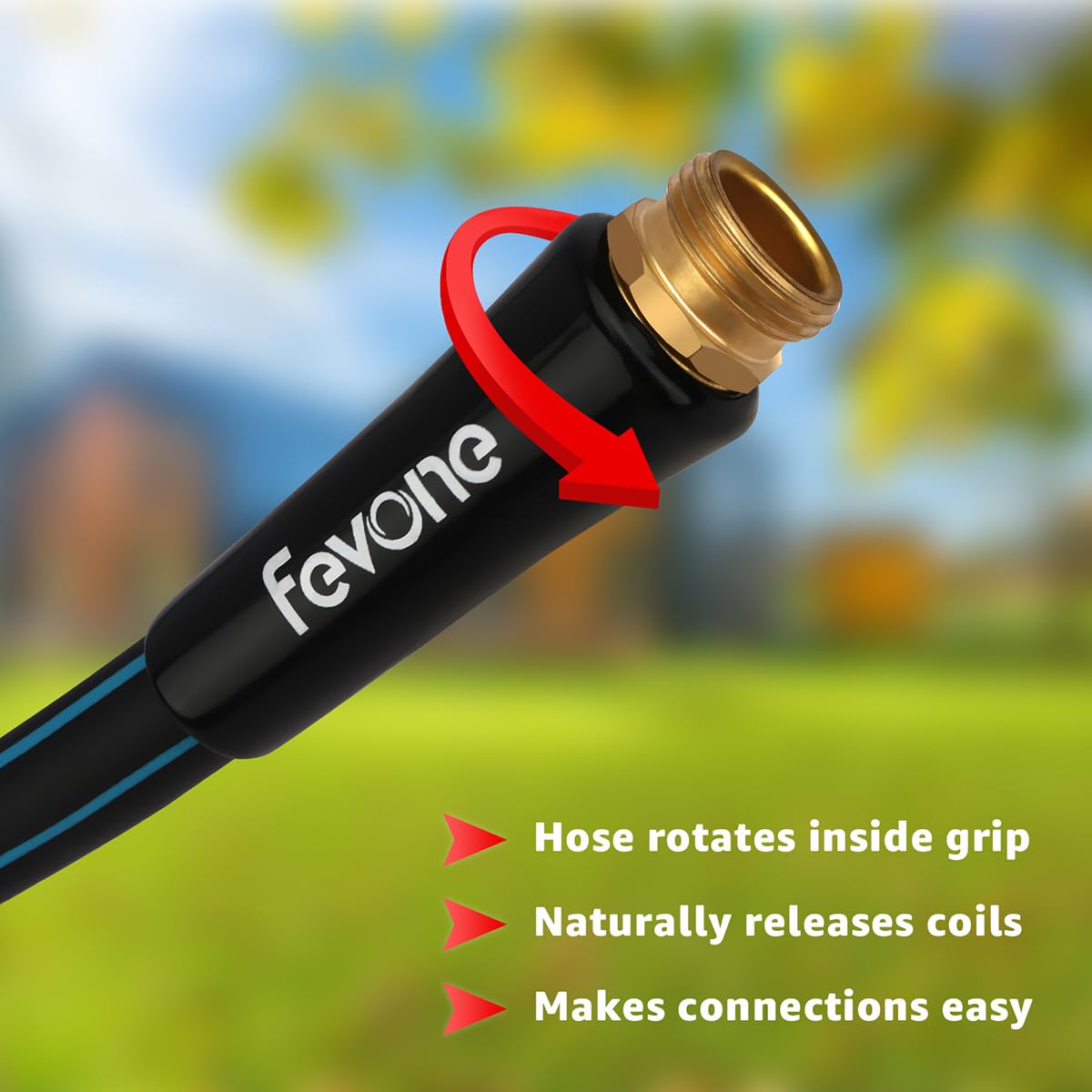 Side view of FEVONE garden hose showing hybrid polymer body