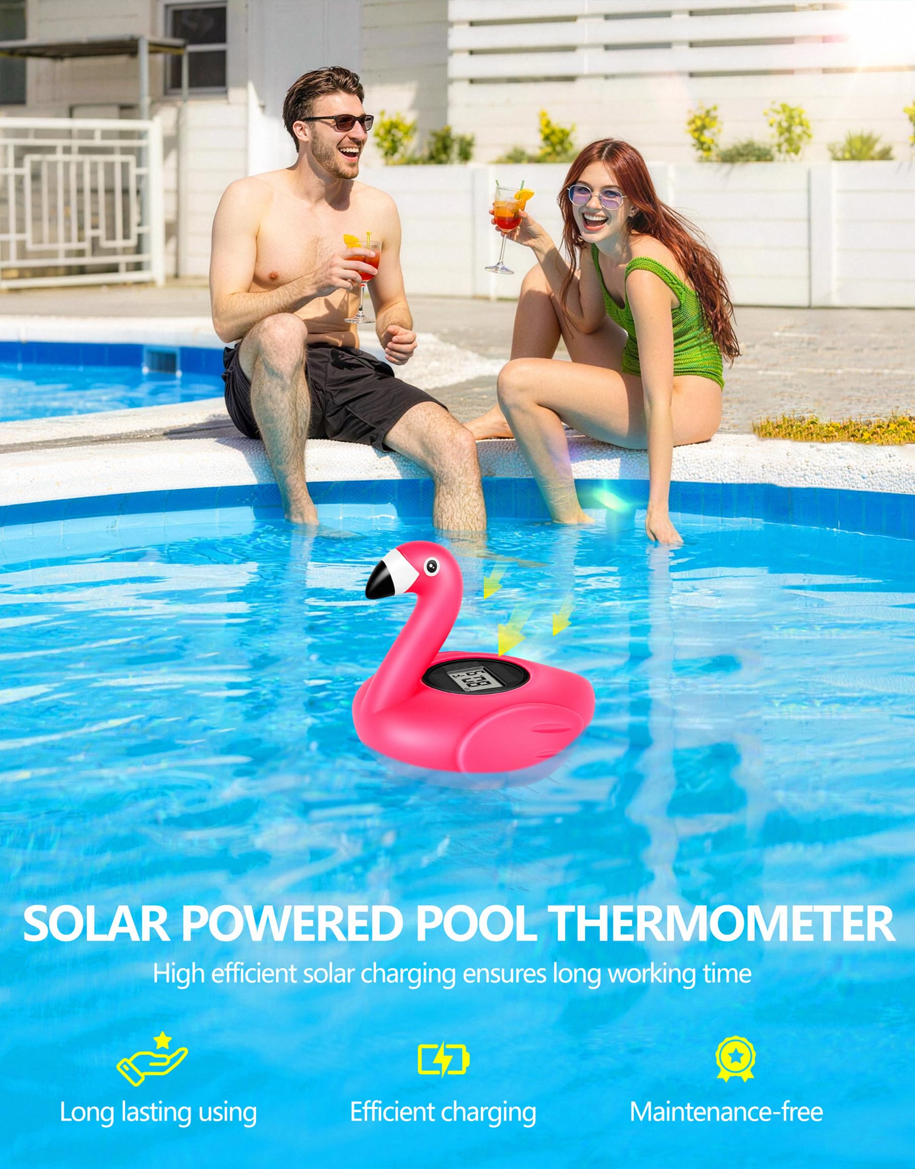 Side view of FirstE Solar Digital Pool Thermometer with neon pink flamingo design