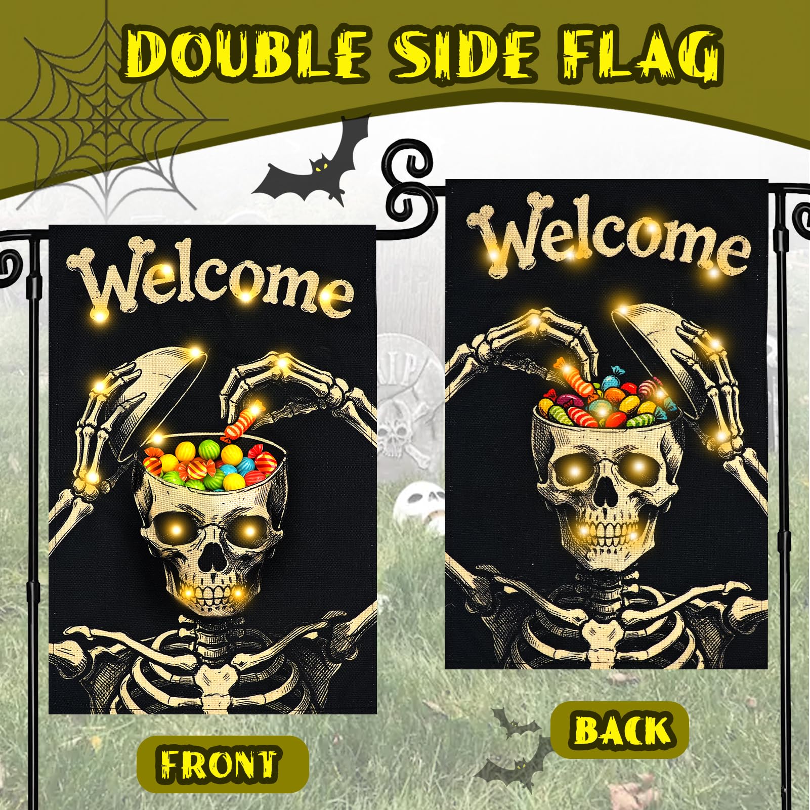 Side view of FLAGMESAGE Halloween Garden Flag illuminated at night