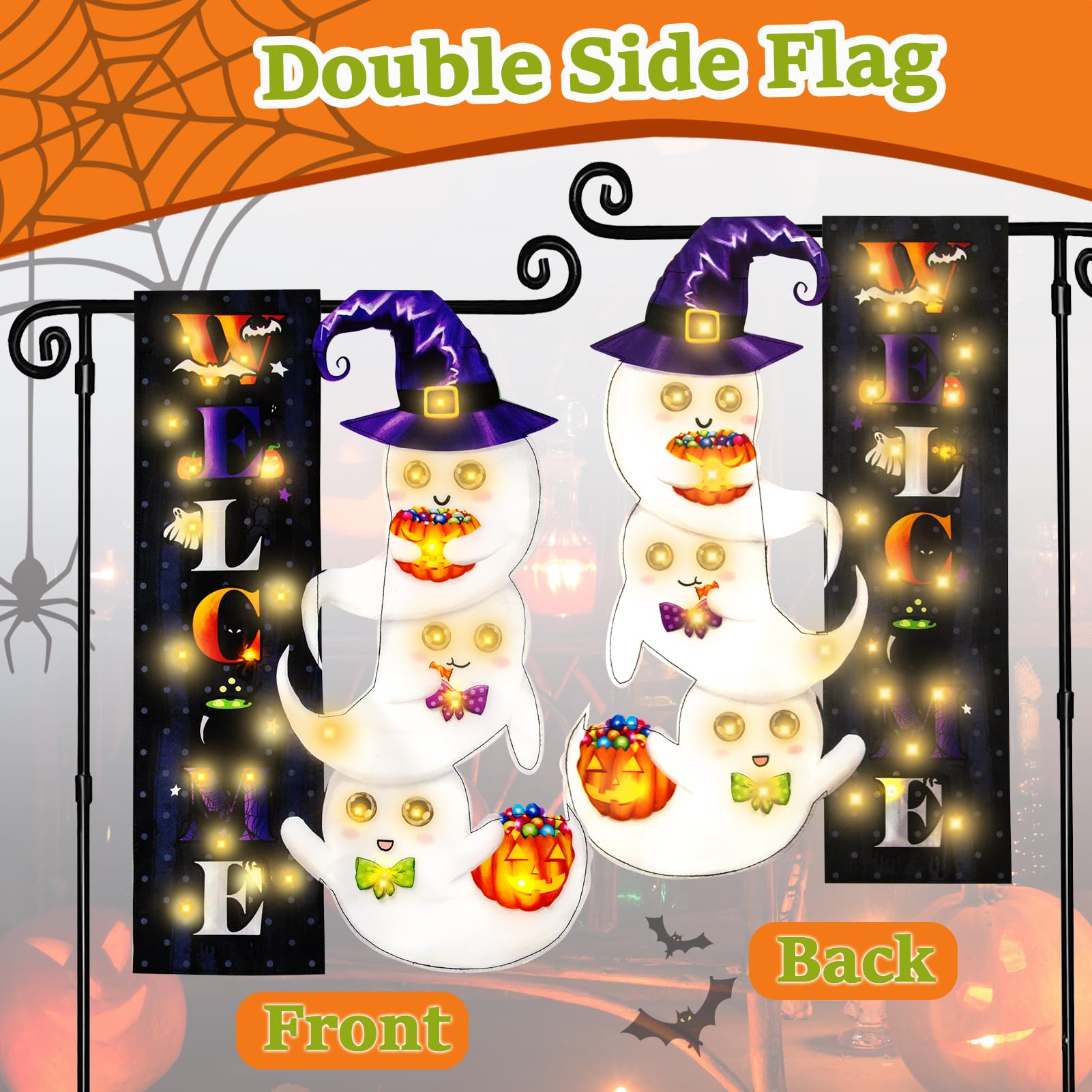 Side view of FLAGMESAGE Halloween Garden Flag showing light modes