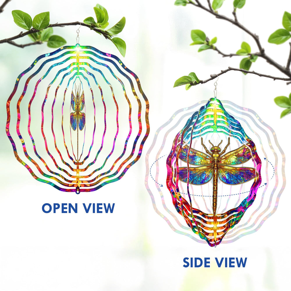Side view of FLAGWIX Dragonfly Wind Spinner with sunlight reflection