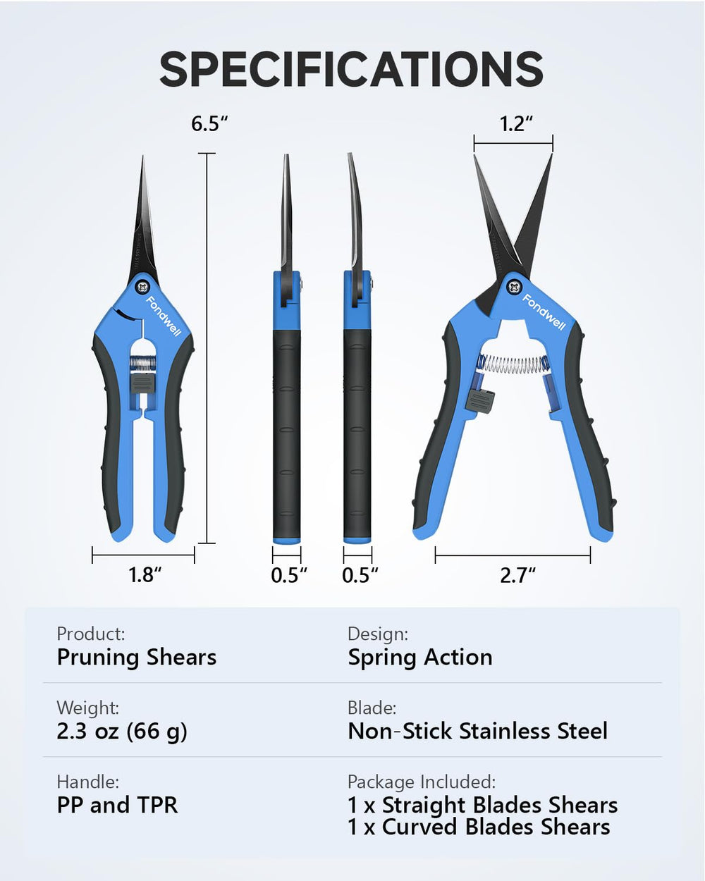 Side view of Fondwell pruning shears highlighting blade design