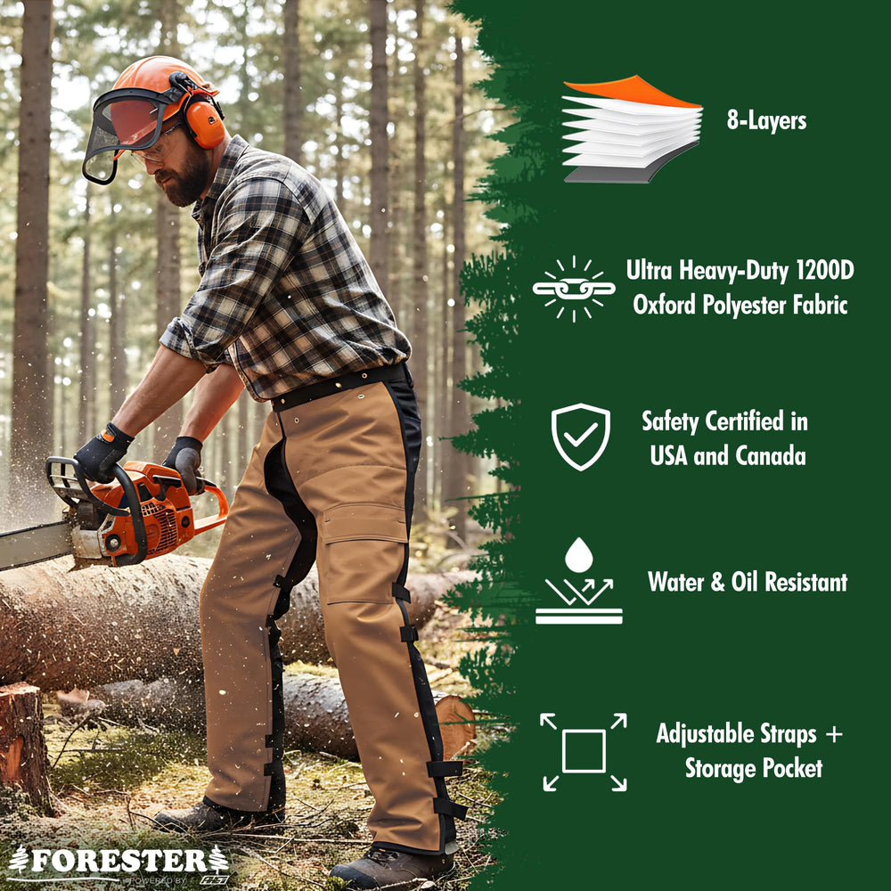 Side view of FORESTER Chainsaw Chaps showing 4-ply design