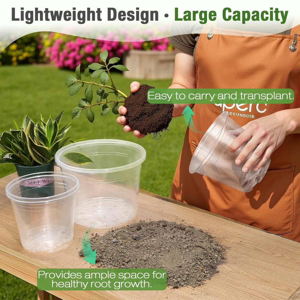 Side view of FUOAUYK clear plastic nursery pots