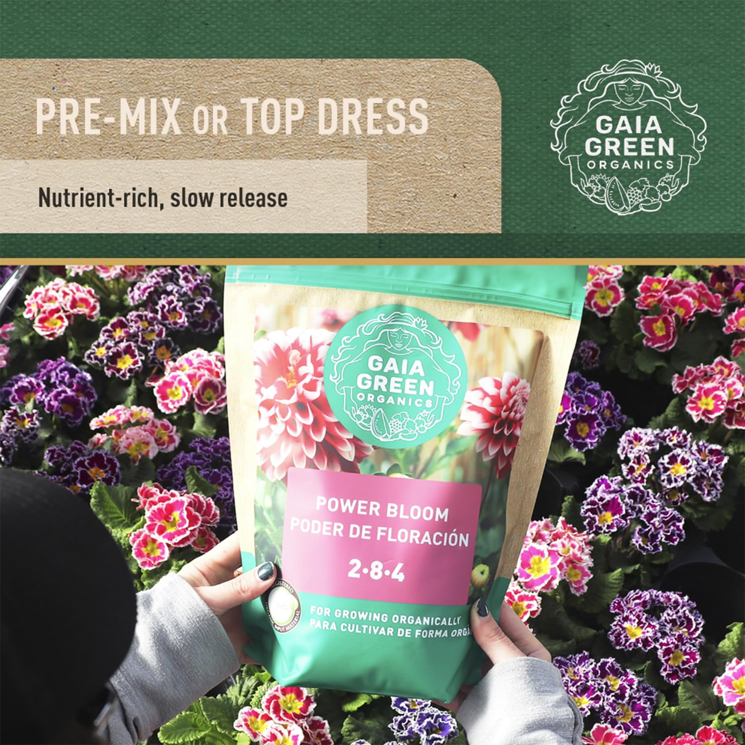 Side view of Gaia Green Power Bloom Organic Fertilizer pouch