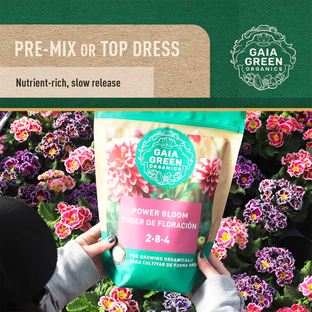 Side view of Gaia Green Power Bloom Organic Fertilizer pouch